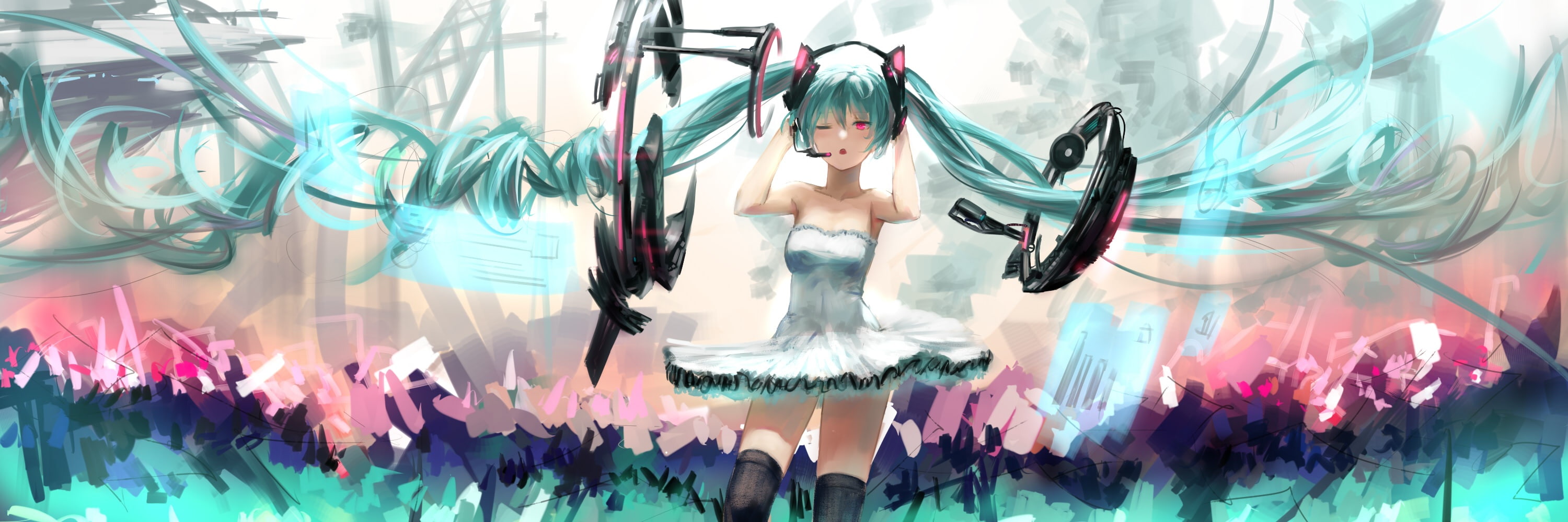 (artist), long, com, miku, dress, 245914, twintails, aqua, thighhighs, eyes, hair, headphones, microphone, wink, hatsune, pink, 2K, dualscreen, vocaloid, HD Wallpaper