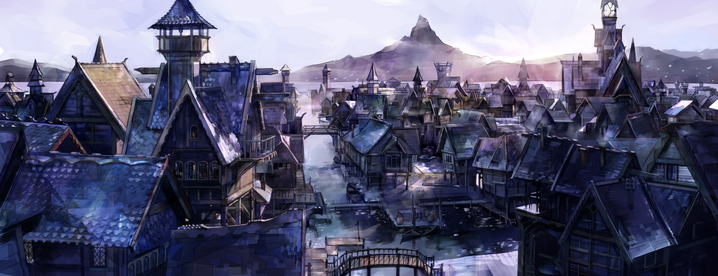 scenic, boat, tokihito, dualscreen, city, saiga, building, water, hobbit, landscape, 1080P, HD Wallpaper
