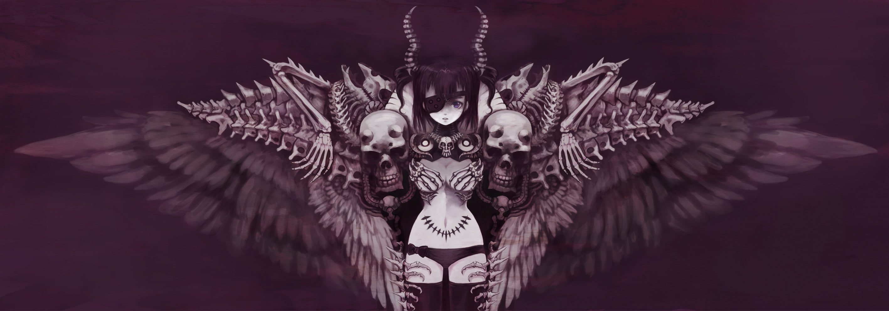 thighhighs, black, wings, eyepatch, skull, horns, dualscreen, 2K, hair, aililith, original, gothic, dark, HD Wallpaper