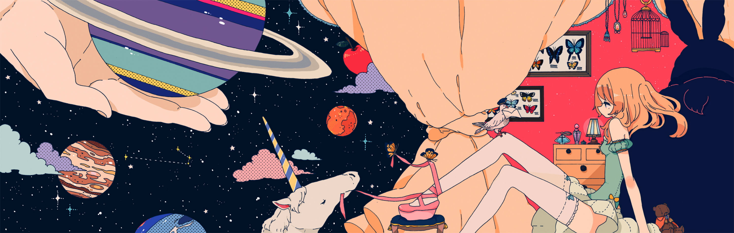 fruit, apple, stars, original, butterfly, animal, hair, bear, space, unicorn, thighhighs, teddy, 2K, long, dualscreen, skirt, bird, bunny, ribbons, planet, HD Wallpaper