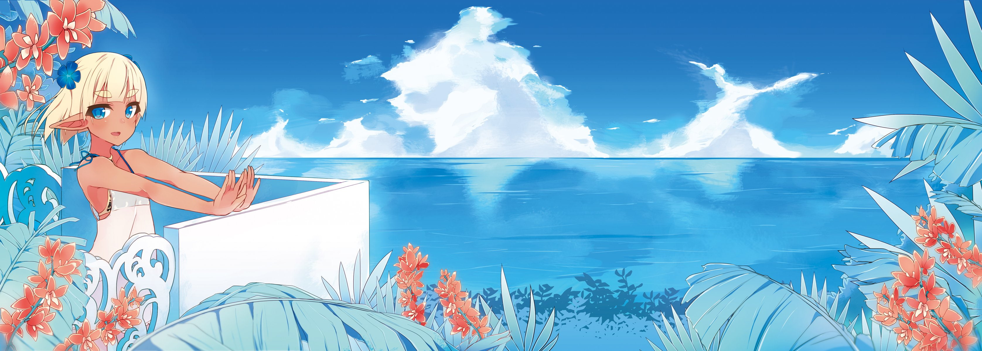 gohan, dualscreen, eyes, blue, hair, blonde, gochama, maze, 2K, clouds, original, flowers, short, HD Wallpaper