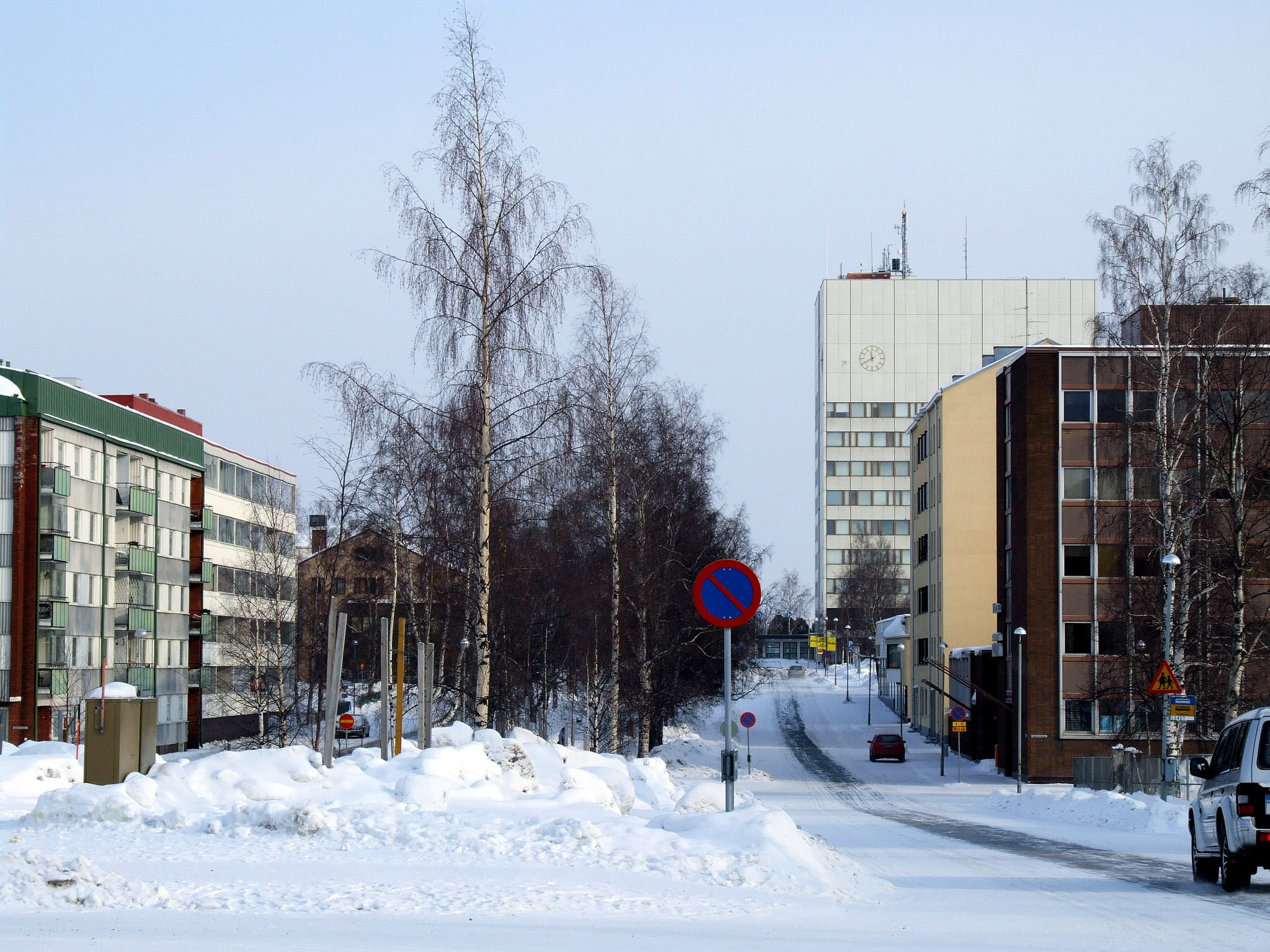 trees, Finland, winter, architecture, building exterior, snow, transportation, street, sign, City Hall, backgroound, building, sky, photos, public domain, HD Wallpaper