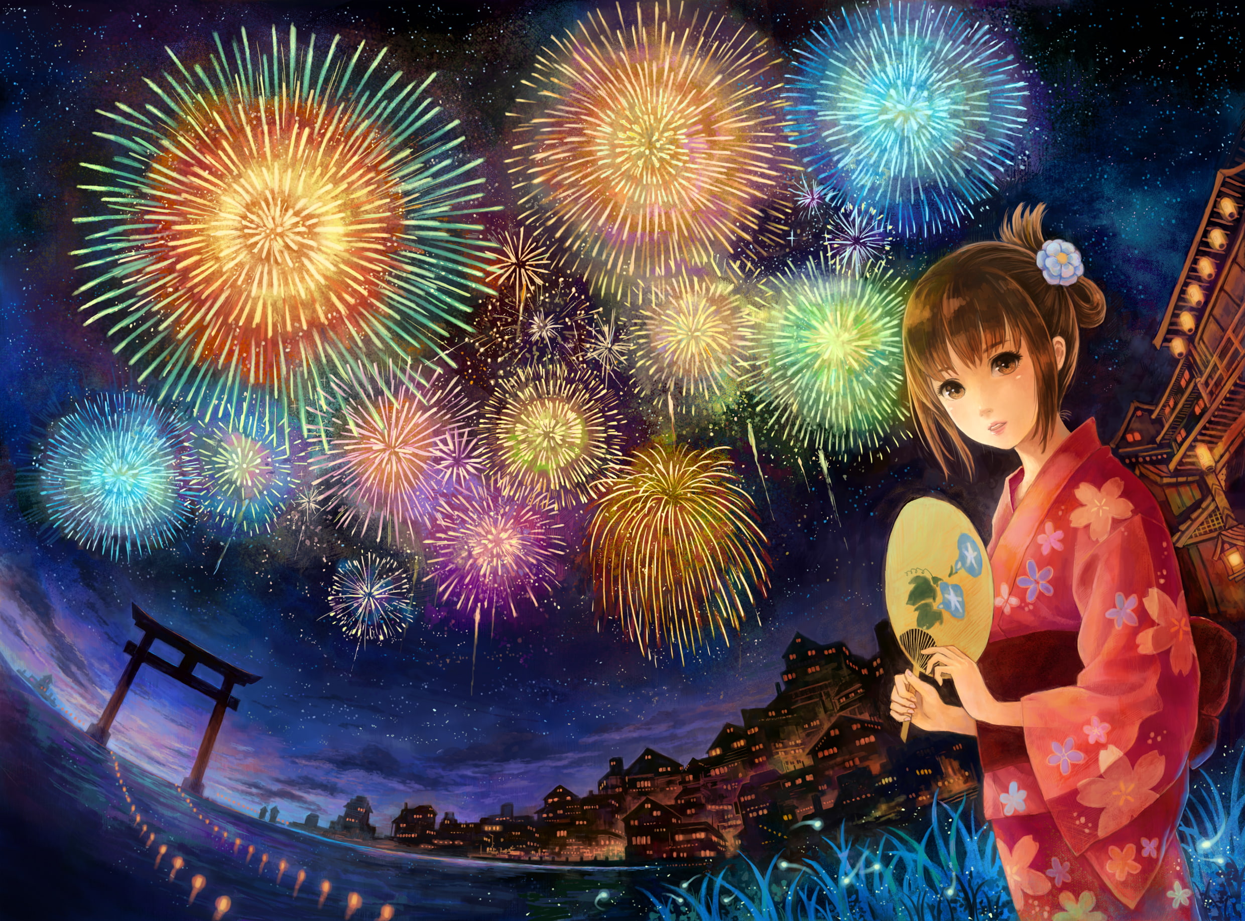 clothes, 1080P, eyes, japanese, night, grass, water, yukata, hair, original, sky, kemi, fireworks, stars, fan, neko, city, brown, HD Wallpaper