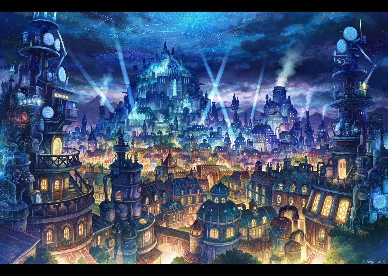 konachan, nobody, com, signed, sky, 247792, stairs, night, neko, stars, clouds, city, building, 720P, original, kemi, magic, HD Wallpaper