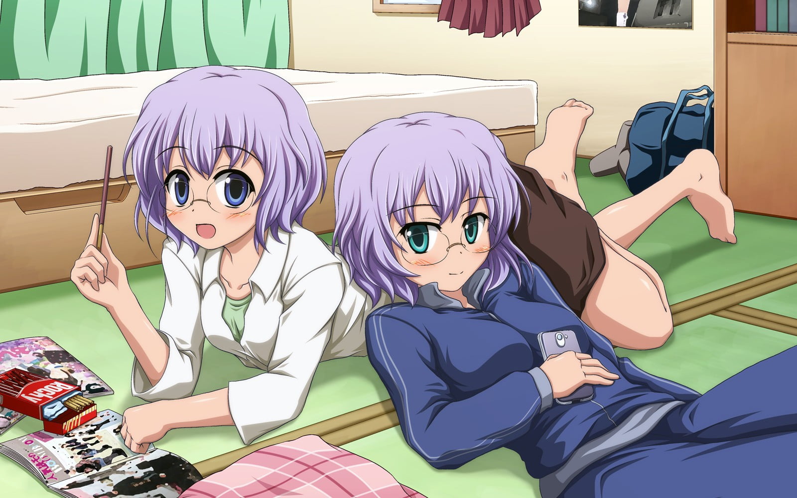 teenager, relaxation, 720P, indoors, white hair, sitting, representation, lifestyles, Yuru Yuri, girls, Chizuro Ikeda, real people, glasses, childhood, HD Wallpaper