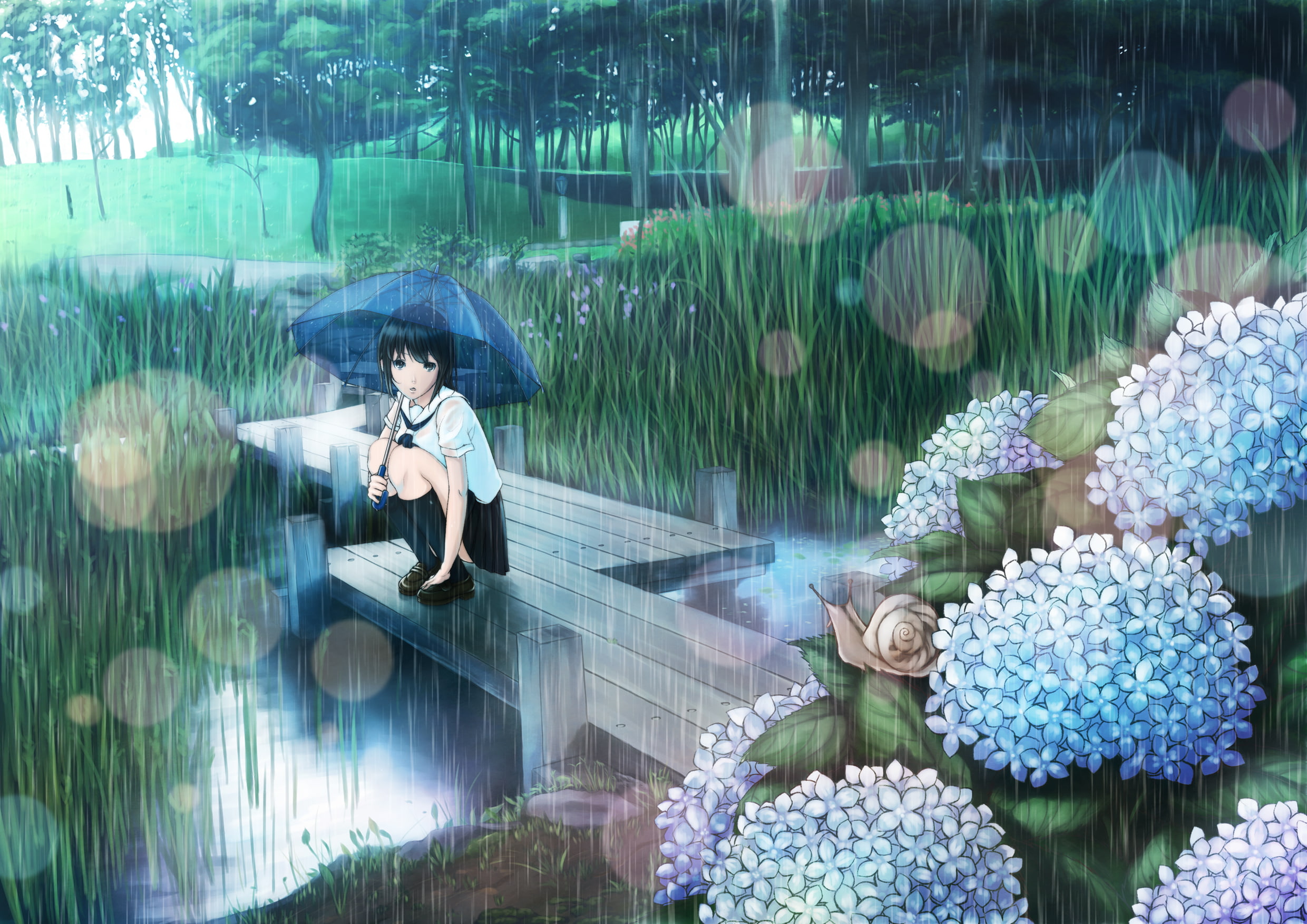 mood, hyp, seifuku, umbrella, rain, grass, original, 1080P, HD Wallpaper