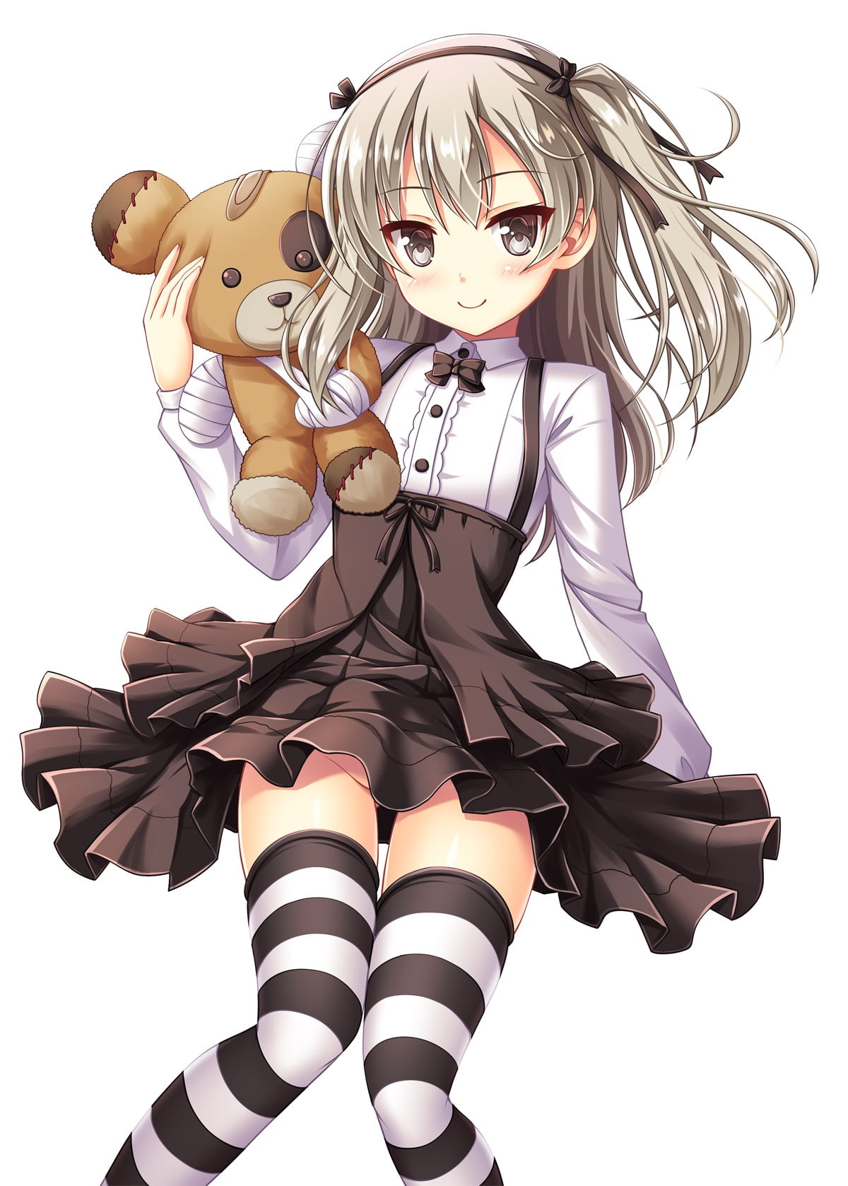 gray eyes, thigh-highs, anime, Shimada Arisu, long hair, dress, nopan, stockings, teddy bears, gray hair, Girls und Panzer, 720P, anime girls, Phone HD Wallpaper