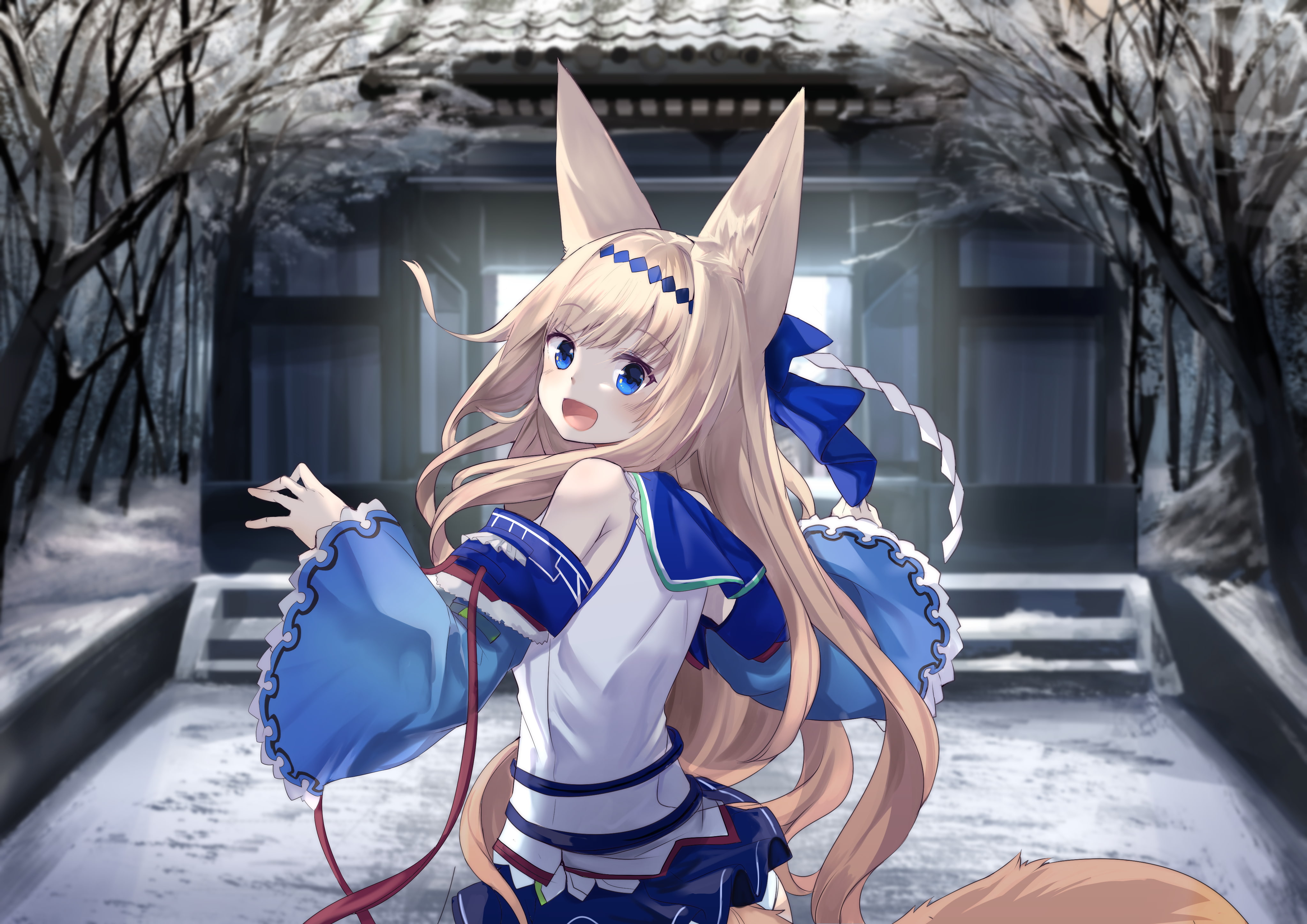 anime, hair ornament, blue eyes, animal tail, haik, 4K, dress, animal ears, blonde, long hair, anime girls, blushing, HD Wallpaper