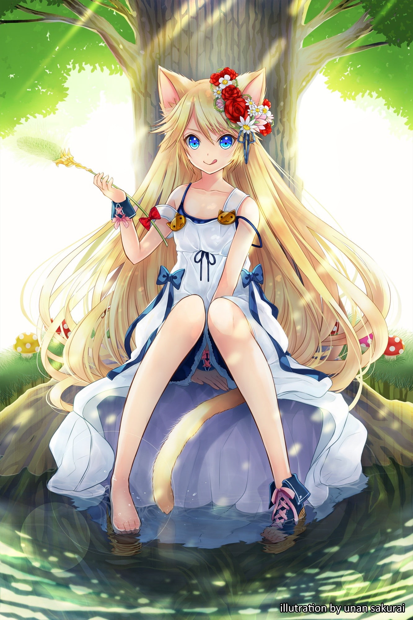 blue eyes, childhood, anime girls, nature, dress, lifestyles, water, hair, clothing, wet, tail, females, fun, blond hair, child, nekomimi, anime, one person, Phone HD Wallpaper