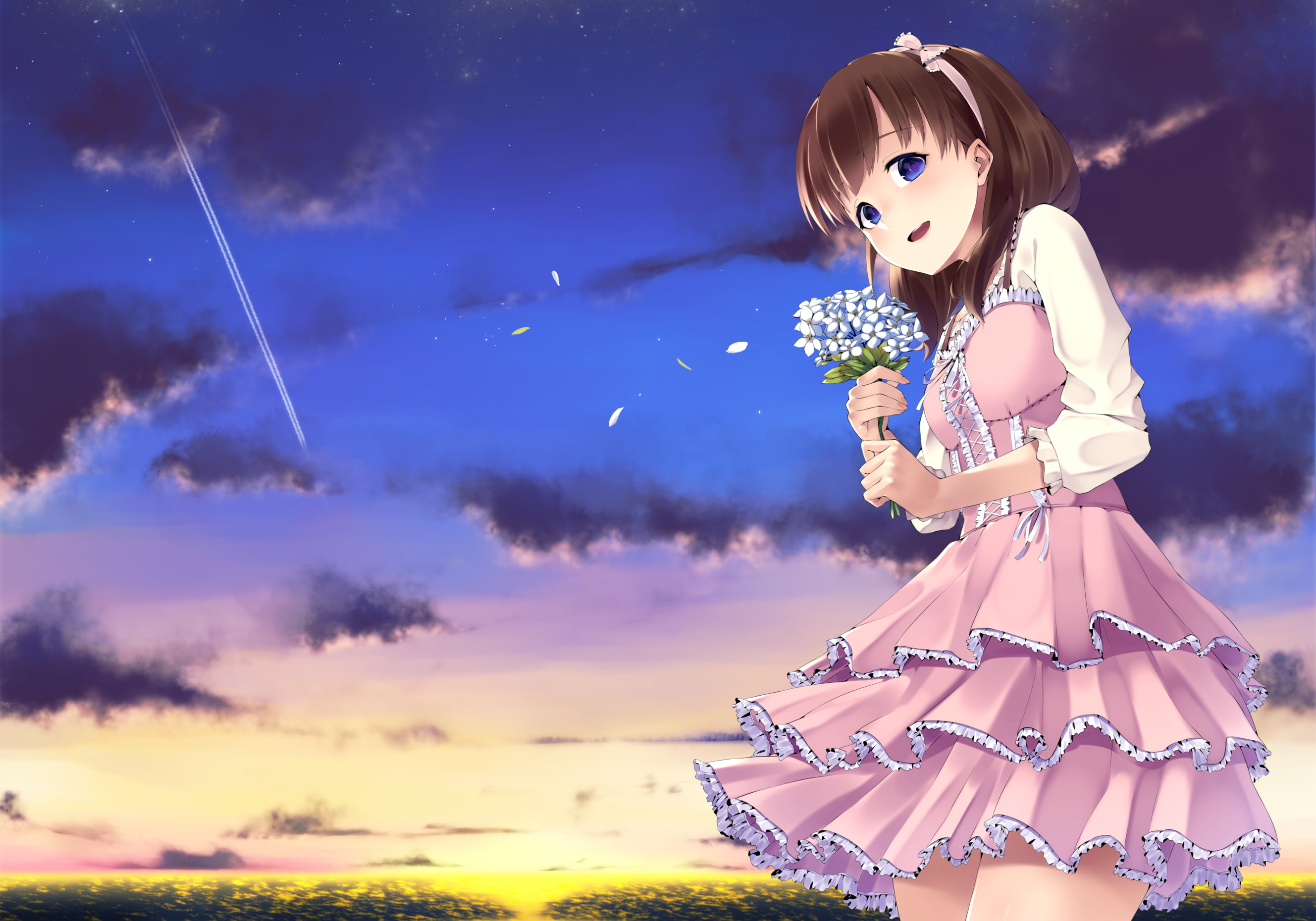 Anime, idolmaster cinderella girls, beauty, nature, three quarter length, outdoors, cloud - sky, beautiful woman, dress, looking at camera, hairstyle, clothing, HD Wallpaper