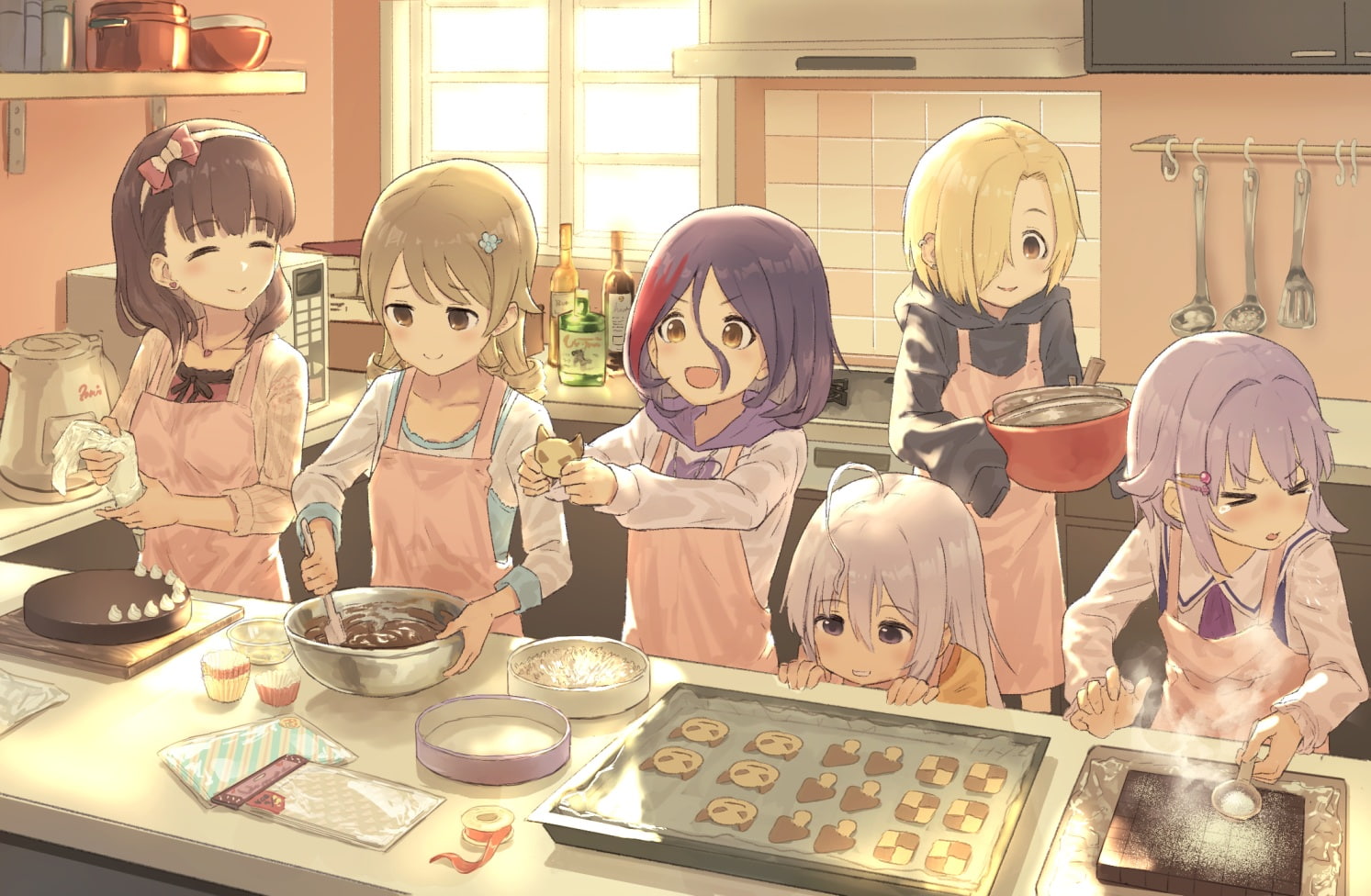 eyes, bow, konachan, mayu, headband, white, fang, idolmaster, valentine, loli, chocolate, group, short, 260665, 720P, apron, brown, food, drink, com, cake, HD Wallpaper