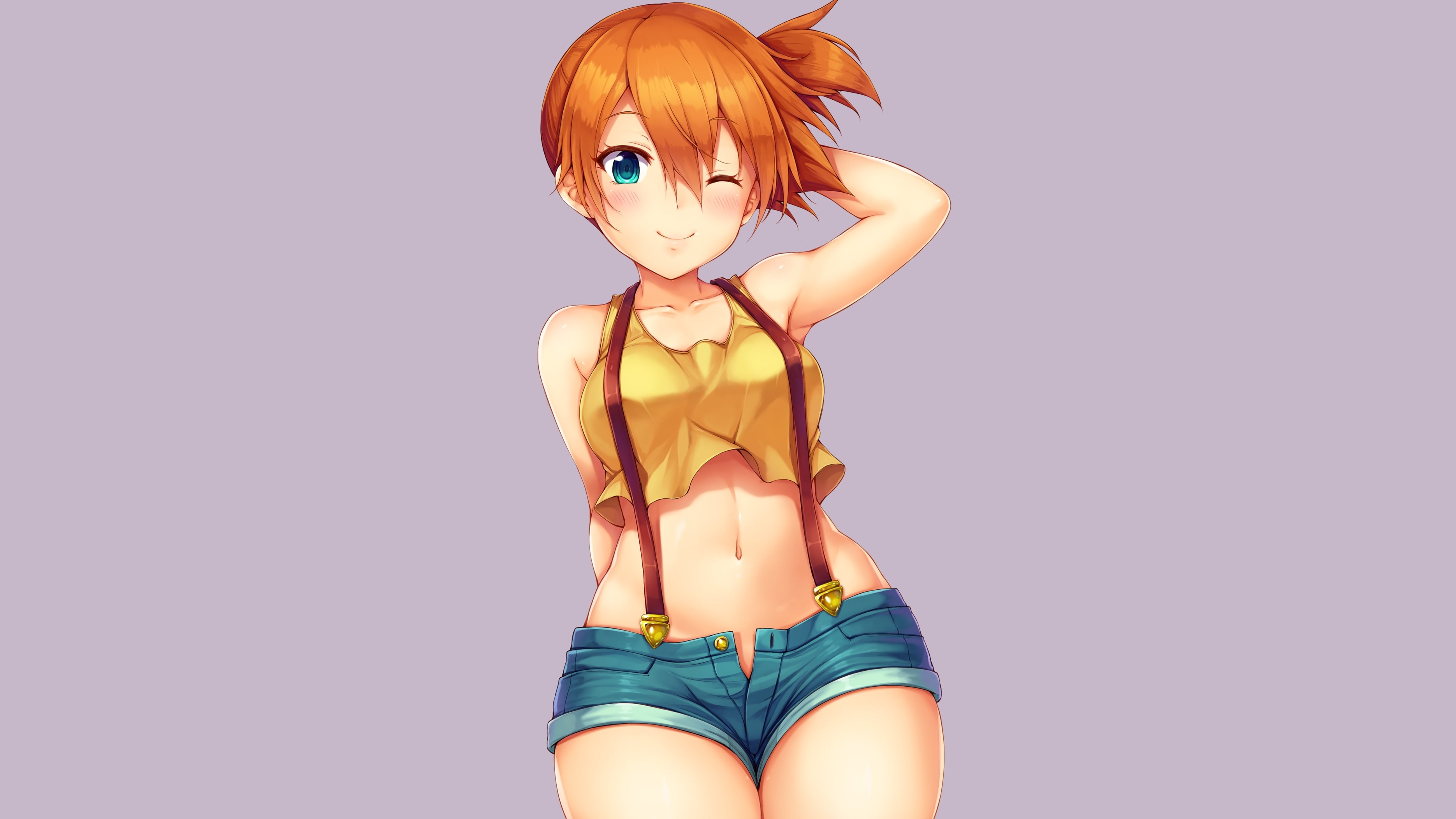 gray, wink, com, short, pokemon, shorts, ponytail, navel, snowcanvas, 251520, orange, eyes, (pokemon), kasumi, aqua, hair, konachan, blush, 2K, HD Wallpaper
