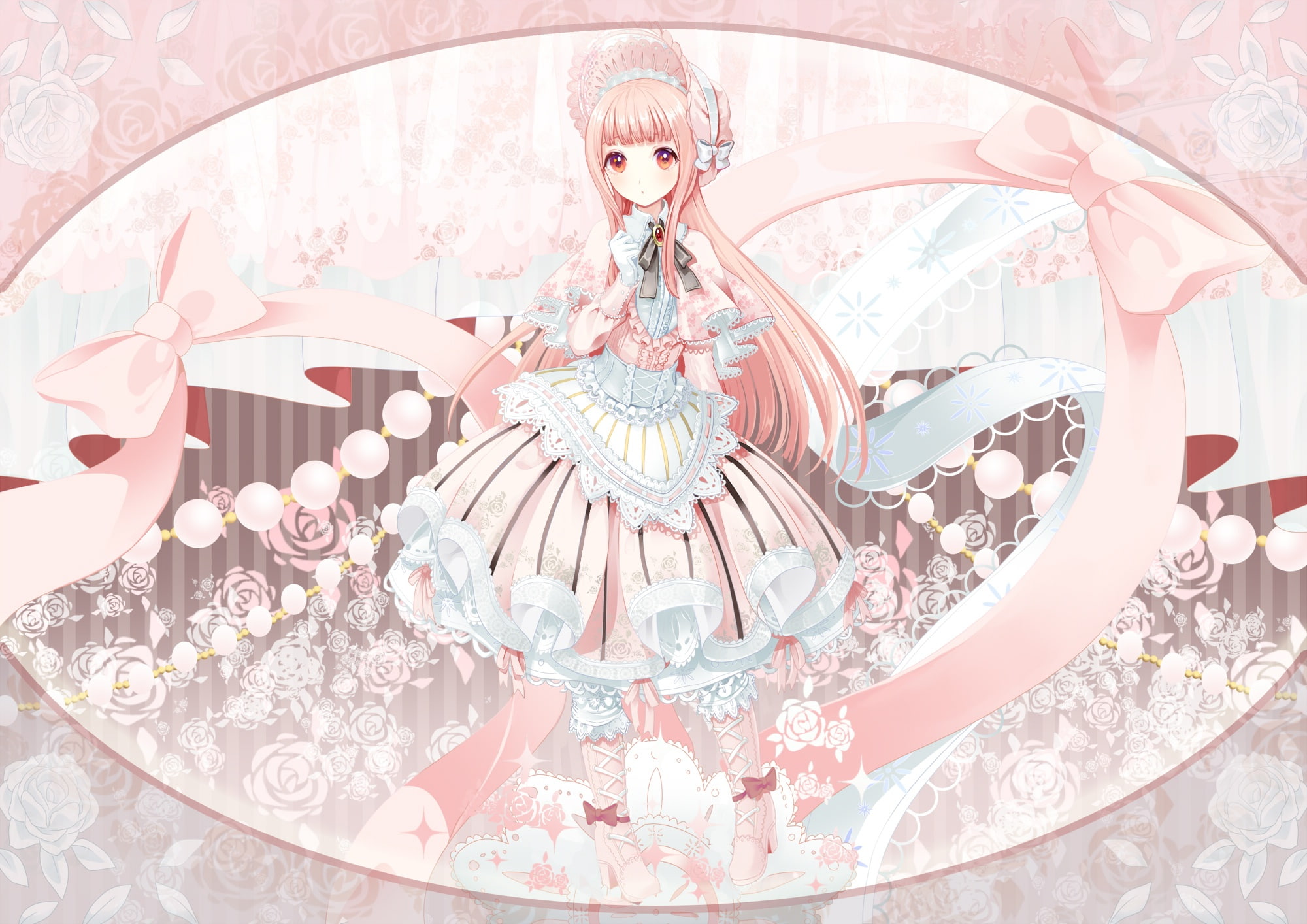 headdress, long, gloves, fashion, pink, konachan, tosato, eyes, dress, 1080P, com, 237519, bow, lolita, hair, original, HD Wallpaper