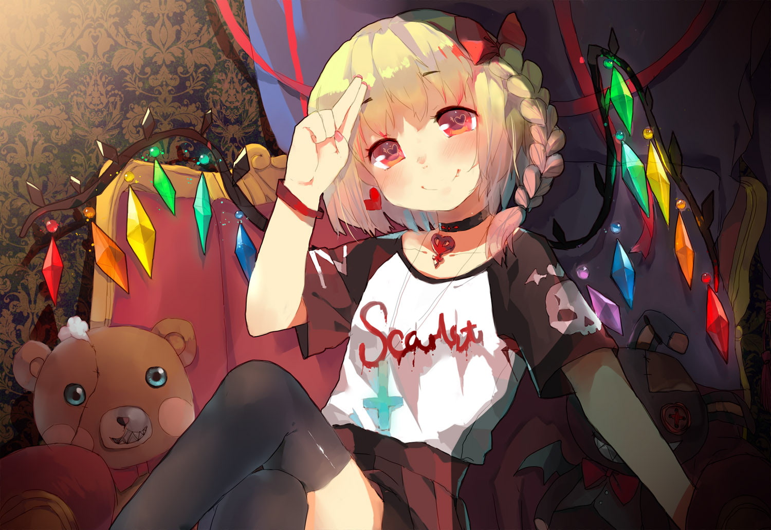blonde, necklace, 720P, fang, teddy, scarlet, wings, bow, cross, hair, thighhighs, acidear, touhou, bear, skirt, flandre, eyes, red, short, choker, braids, HD Wallpaper