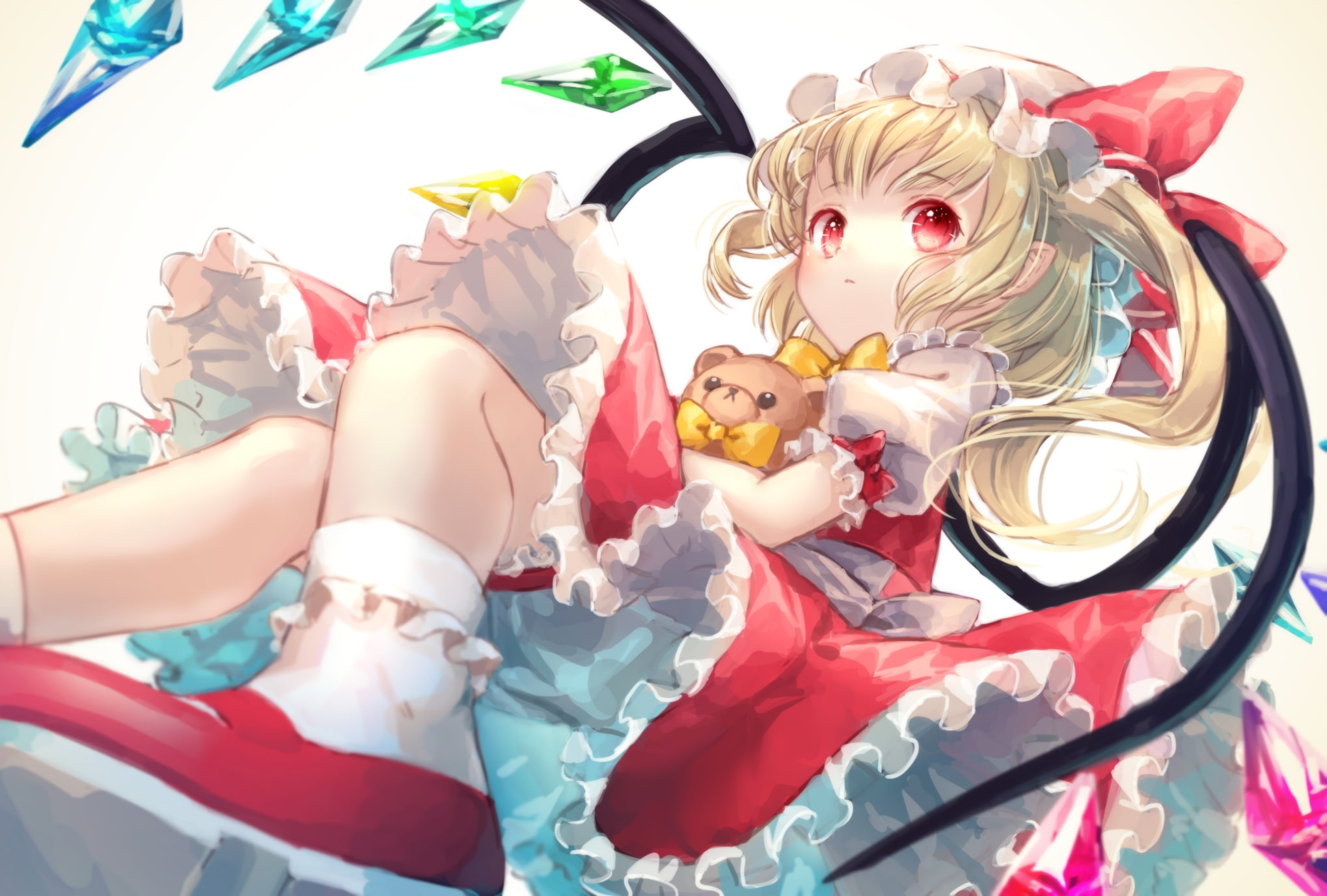 alice, blonde, flandre, hair, hat, eyes, long, com, konachan, 1080P, wings, vampire, loli, teddy, yumeichigo, bow, red, 261126, scarlet, bear, ponytail, HD Wallpaper