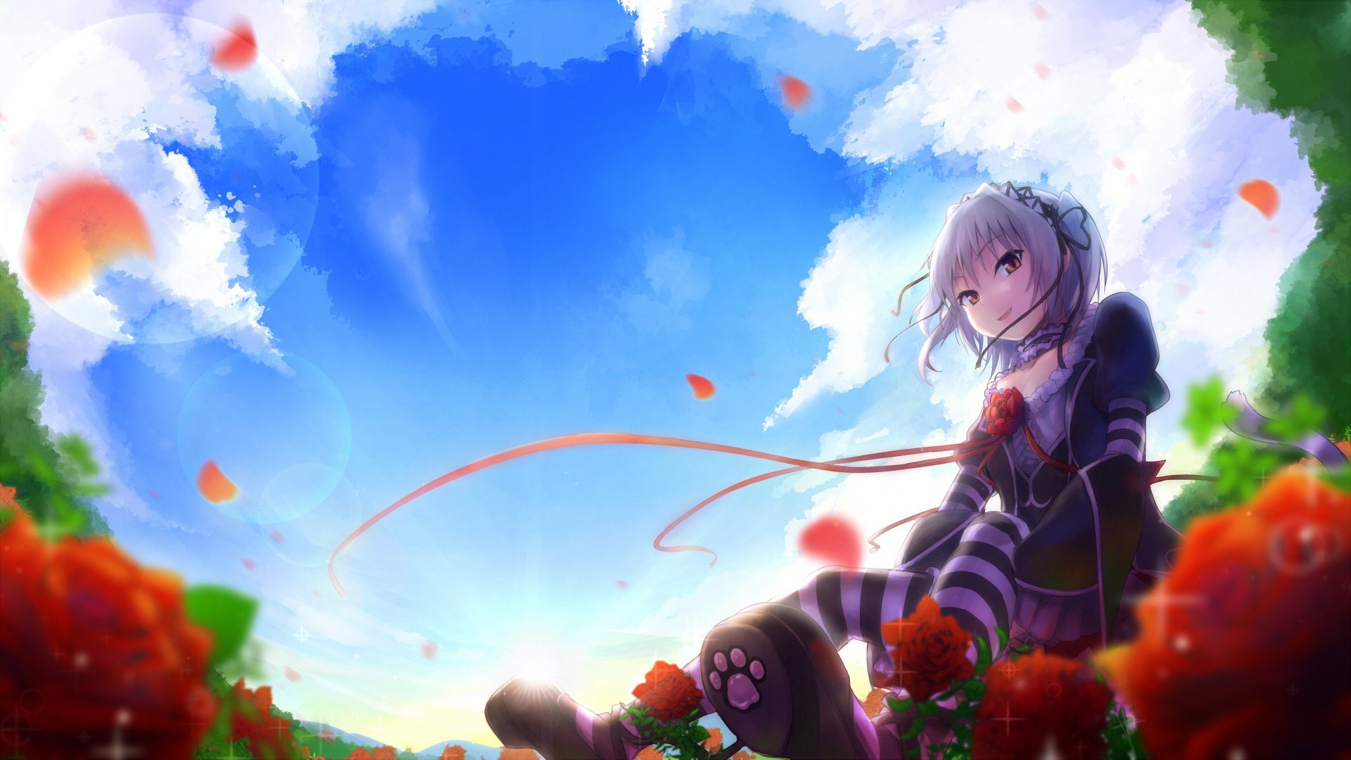 fashion, hair, lolita, ribbons, flowers, 1080P, petals, brown, maia, fang, goth loli, eyes, short, naitou, hapymaher, gray, rose, clouds, HD Wallpaper