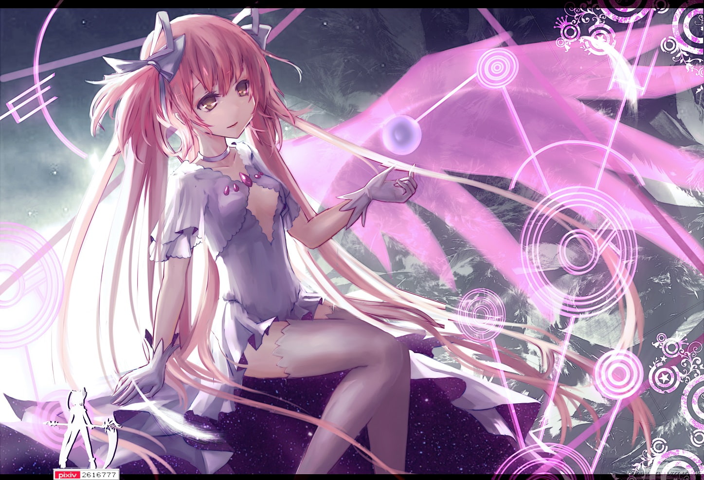 shoujo, kaname, hair, pink, twintails, ribbons, eyes, 720P, gloves, dress, thighhighs, choker, long, madoka, mahou, watermark, ultimate, magica, brown, HD Wallpaper