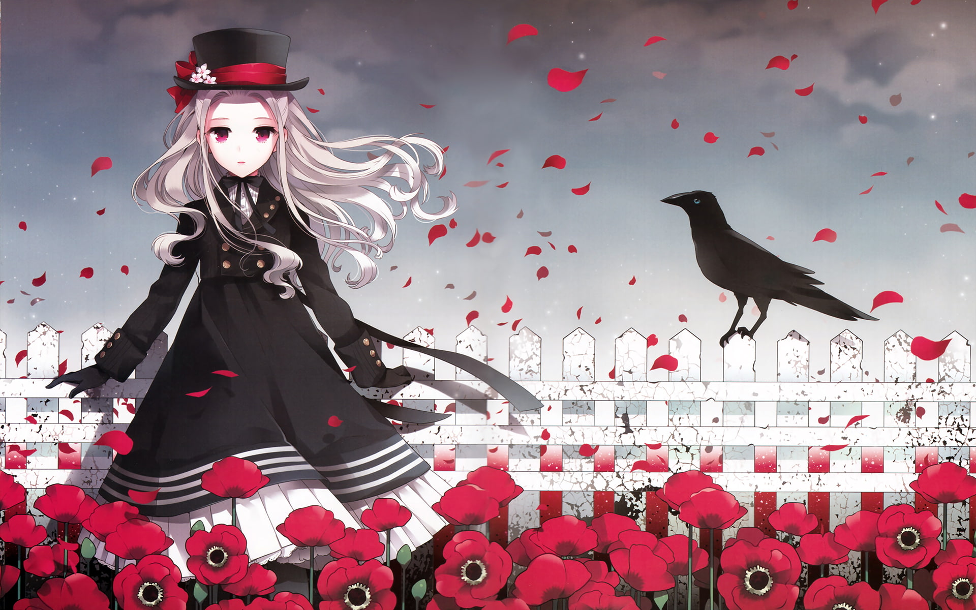 fashion, flowers, scan, gloves, white, bird, eyes, hair, hat, lolita, 1080P, dress, long, pink, bow, original, animal, nardack, petals, HD Wallpaper