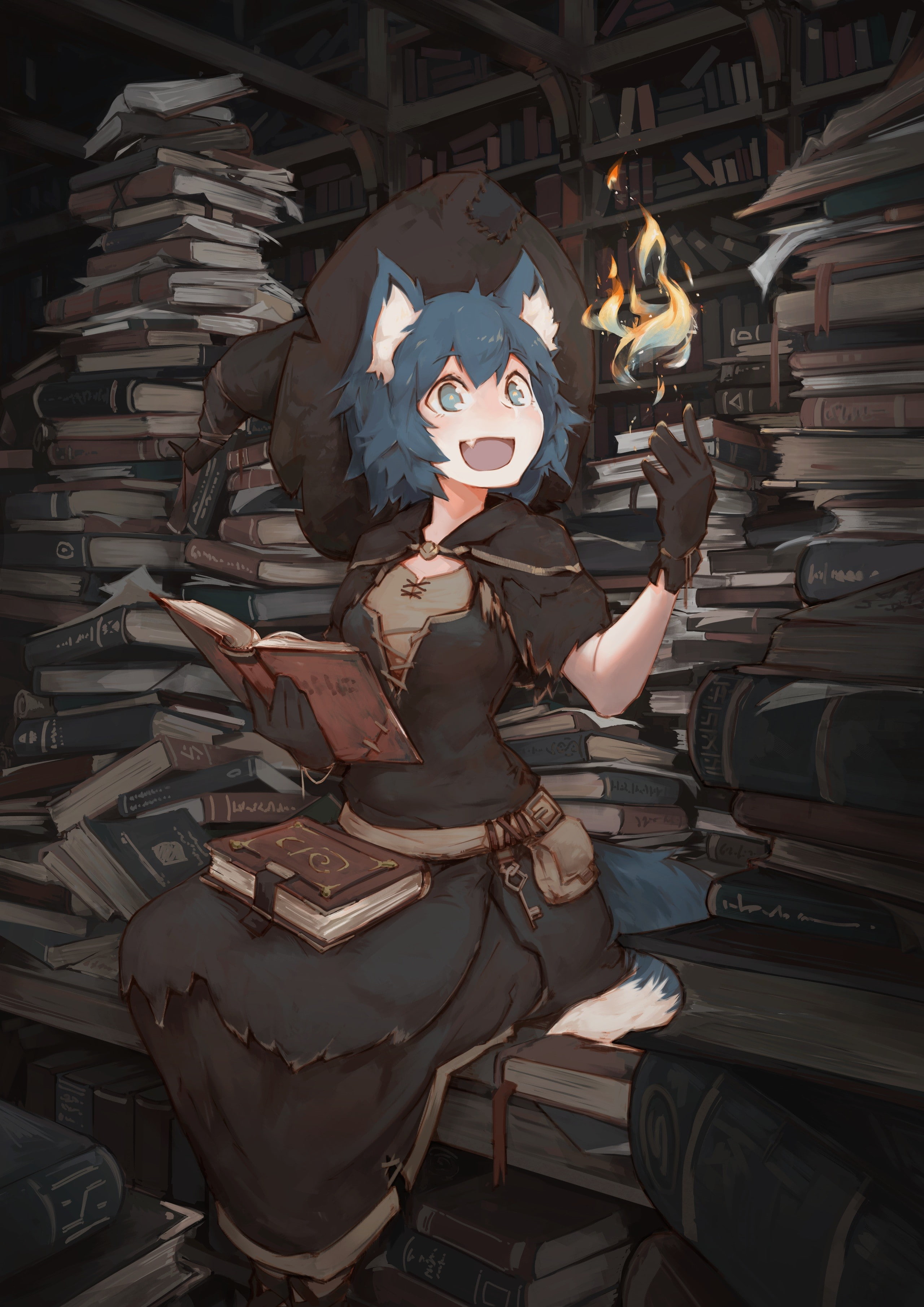 books, blue hair, hat, witch, anime girls, anime, 2K, blue eyes, tail, animal ears, short hair, dress, Phone HD Wallpaper