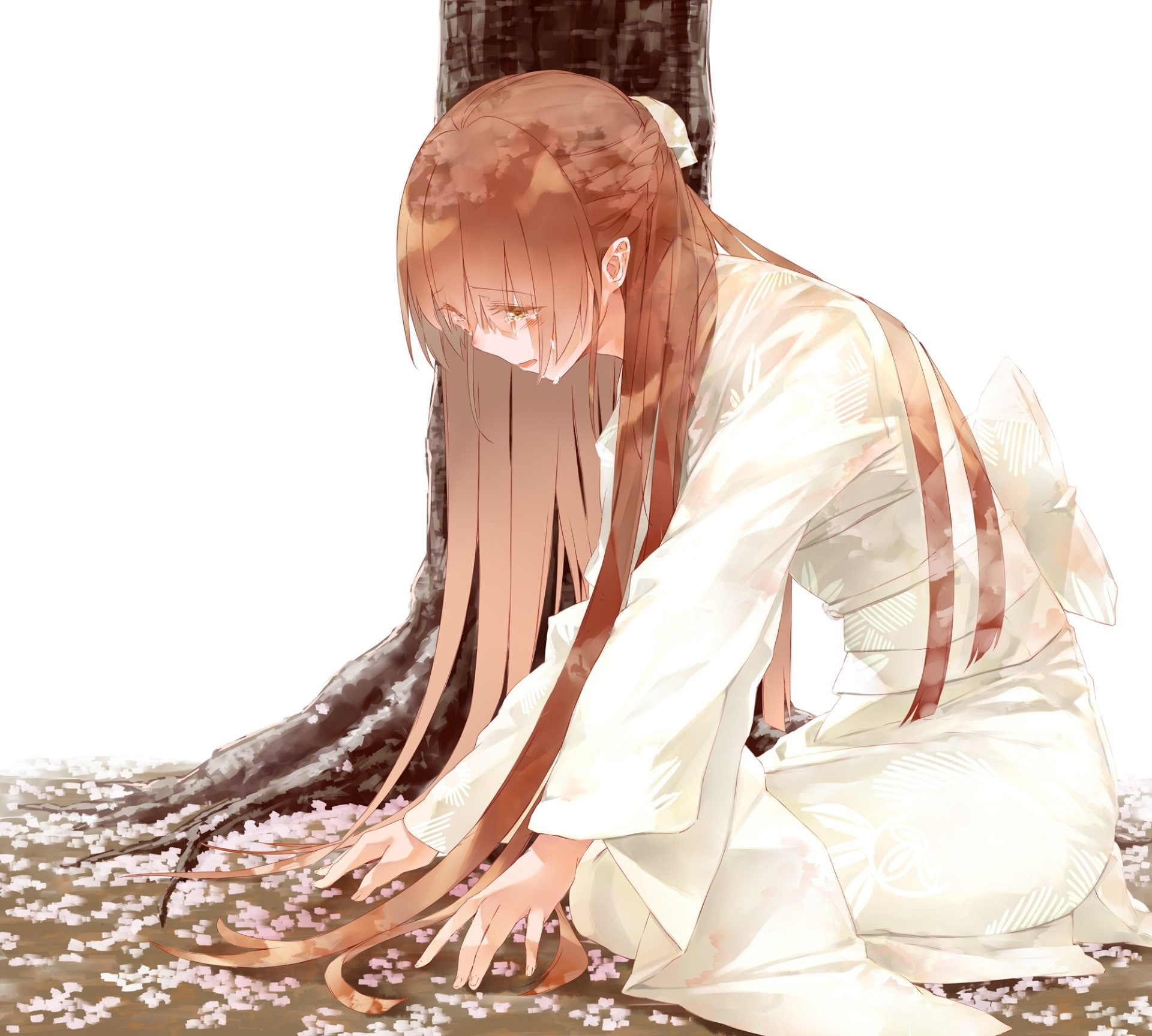 1080P, Brown Eyes, bow (Clothing), Tears, Anime, Long Hair, Kimono, Original, Braid, Brown Hair, HD Wallpaper