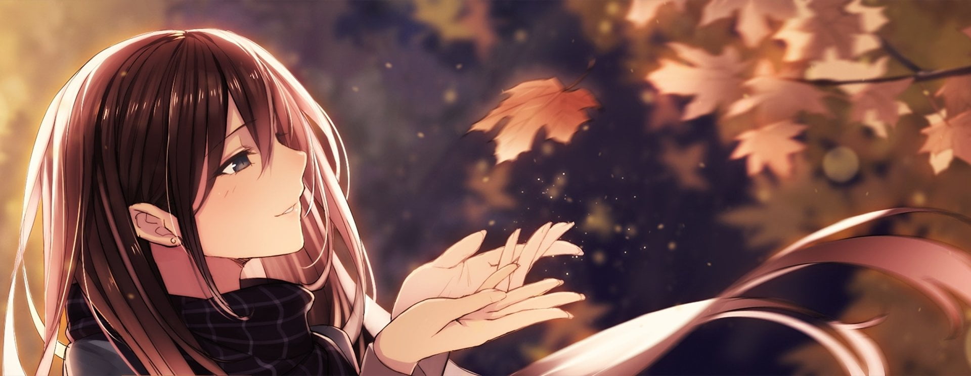 young women, beautiful people, Original (Anime), Smile, looking at camera, female, Original, Long Hair, nature, beautiful woman, beauty, emotion, Leaf, HD Wallpaper