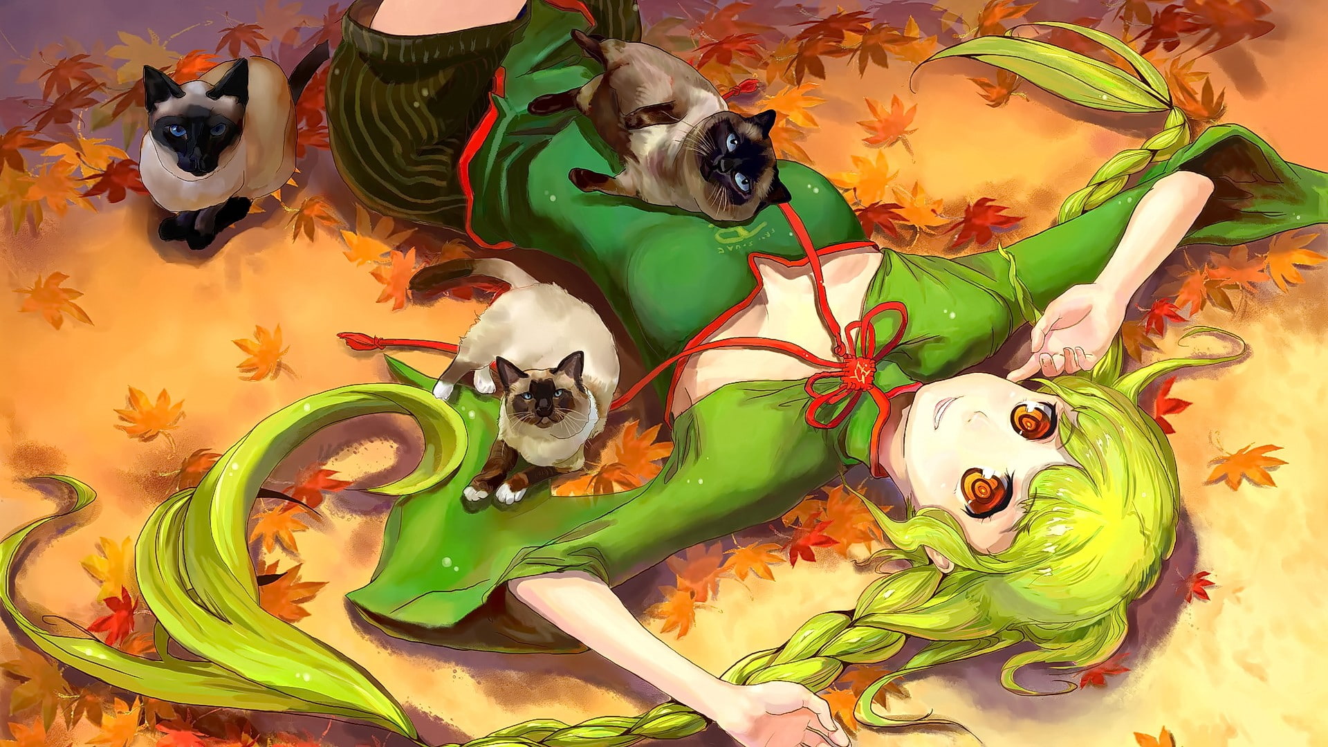 looking at viewer, anime girls, cat, animals, anime, long hair, original characters, 1080P, braids, green hair, HD Wallpaper