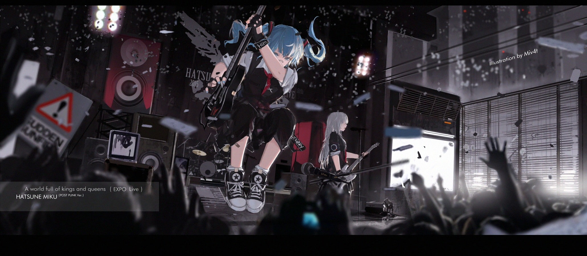 microphone, anime, 1080P, guitar, Hatsune Miku, concerts, original characters, anime girls, speakers, crowds, long hair, drums, jumping, twintails, Vocaloid, HD Wallpaper