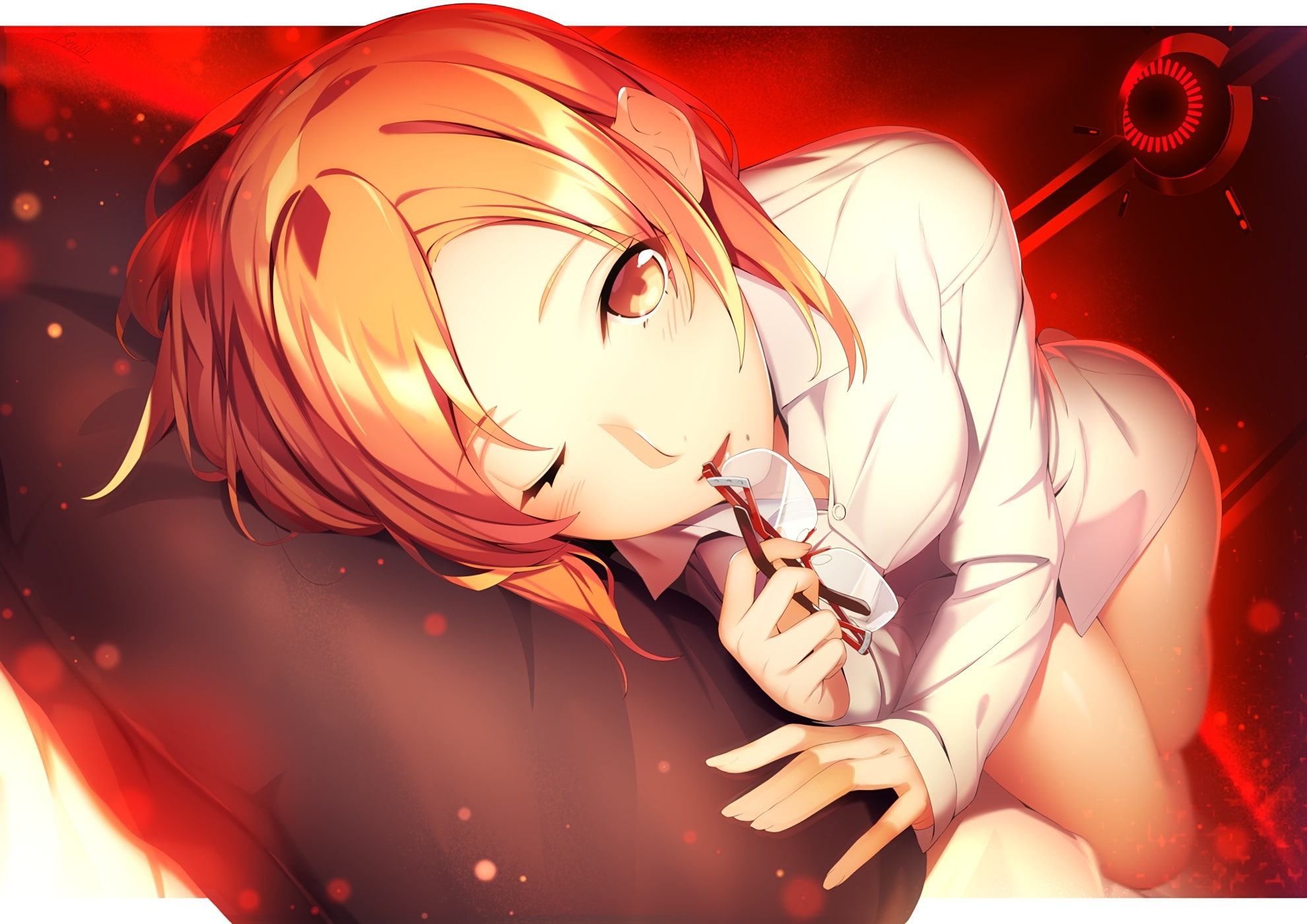 short, konachan, shoken, eyes, com, 240816, glasses, narai, 1080P, orange, original, waifu2x, breasts, wink, hair, blush, HD Wallpaper