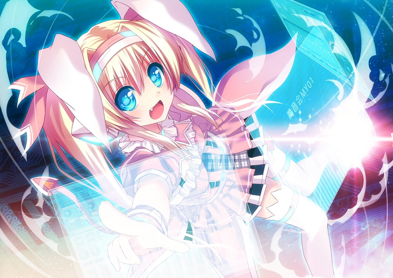 konachan, waifu2x, com, dinyc, 241690, fang, headphones, 720P, original, eyes, hair, aqua, blonde, HD Wallpaper