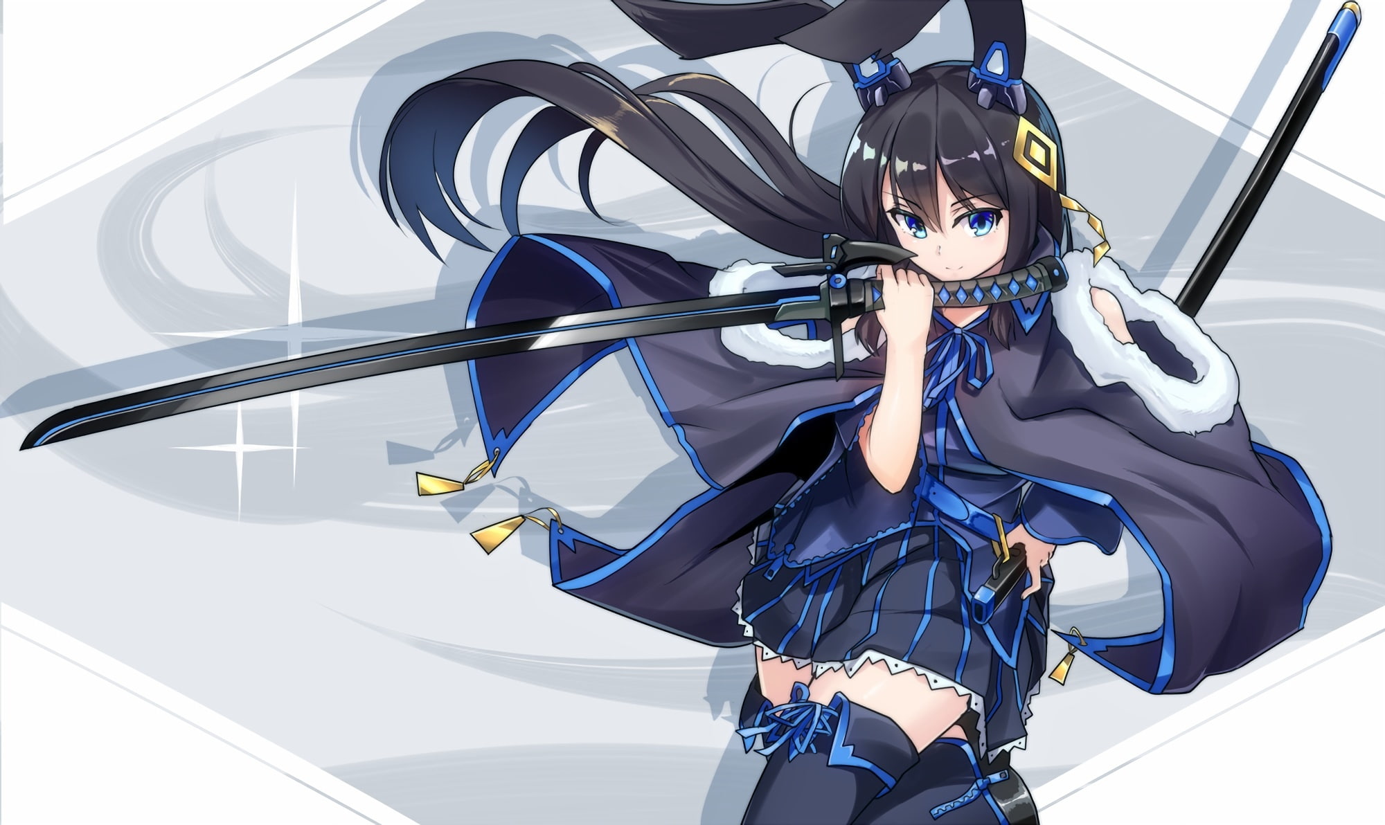 katana, animal, king, 1080P, black, hawe, original, ryouiki, sword, hair, long, weapon, eyes, thighhighs, ears, 251502, aqua, skirt, konachan, waifu2x, HD Wallpaper