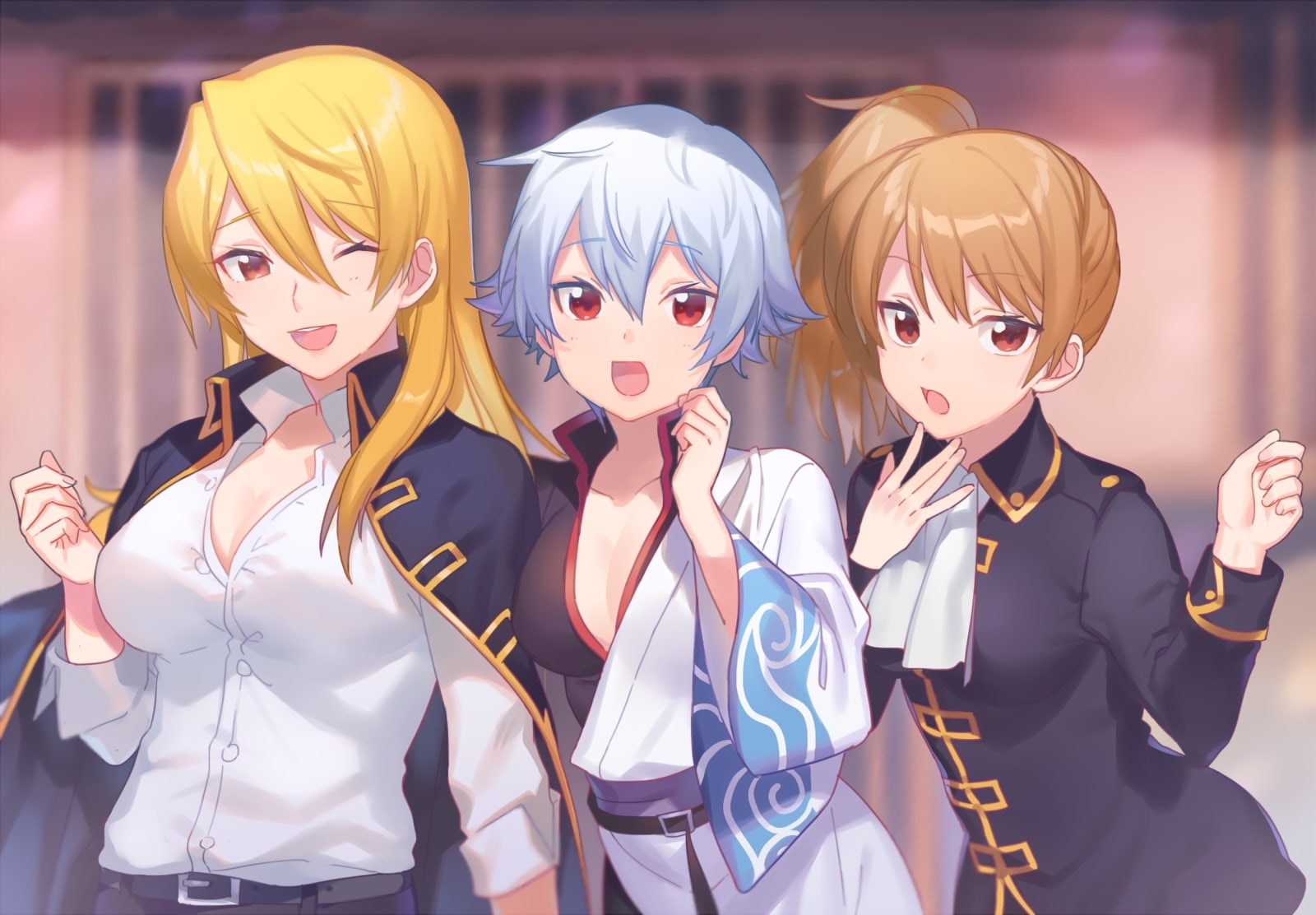 breasts, gintama, blonde, shirt, 248633, uniform, ponytail, hair, 720P, red, brown, com, short, eyes, cleavage, wink, waifu2x, genderswap, okita, gray, HD Wallpaper