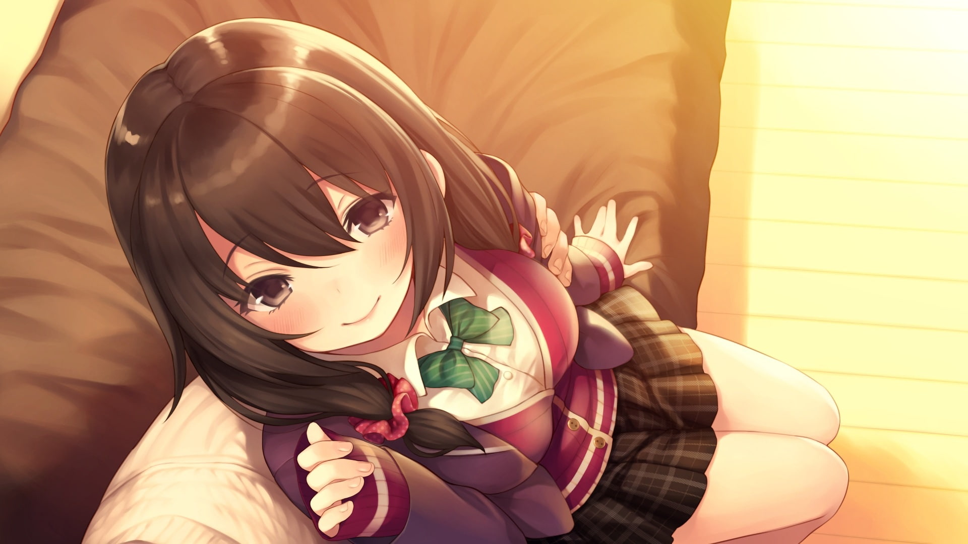 pokachu, skirt, brown, waifu2x, 247459, long, hair, konachan, eyes, breasts, 1080P, com, original, blush, bow, seifuku, HD Wallpaper
