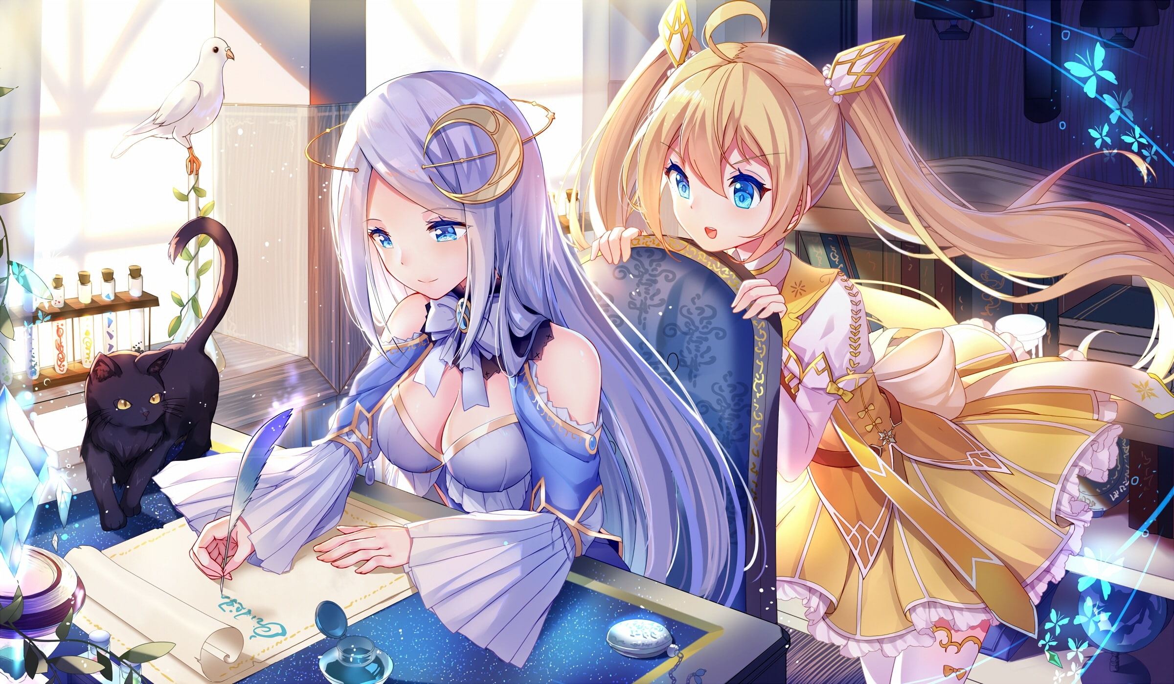 1080P, original, cat, blonde, book, hair, waifu2x, long, 2girls, bird, aqua, com, eyes, paper, konachan, animal, twintails, bisonbison, 240351, butterfly, HD Wallpaper