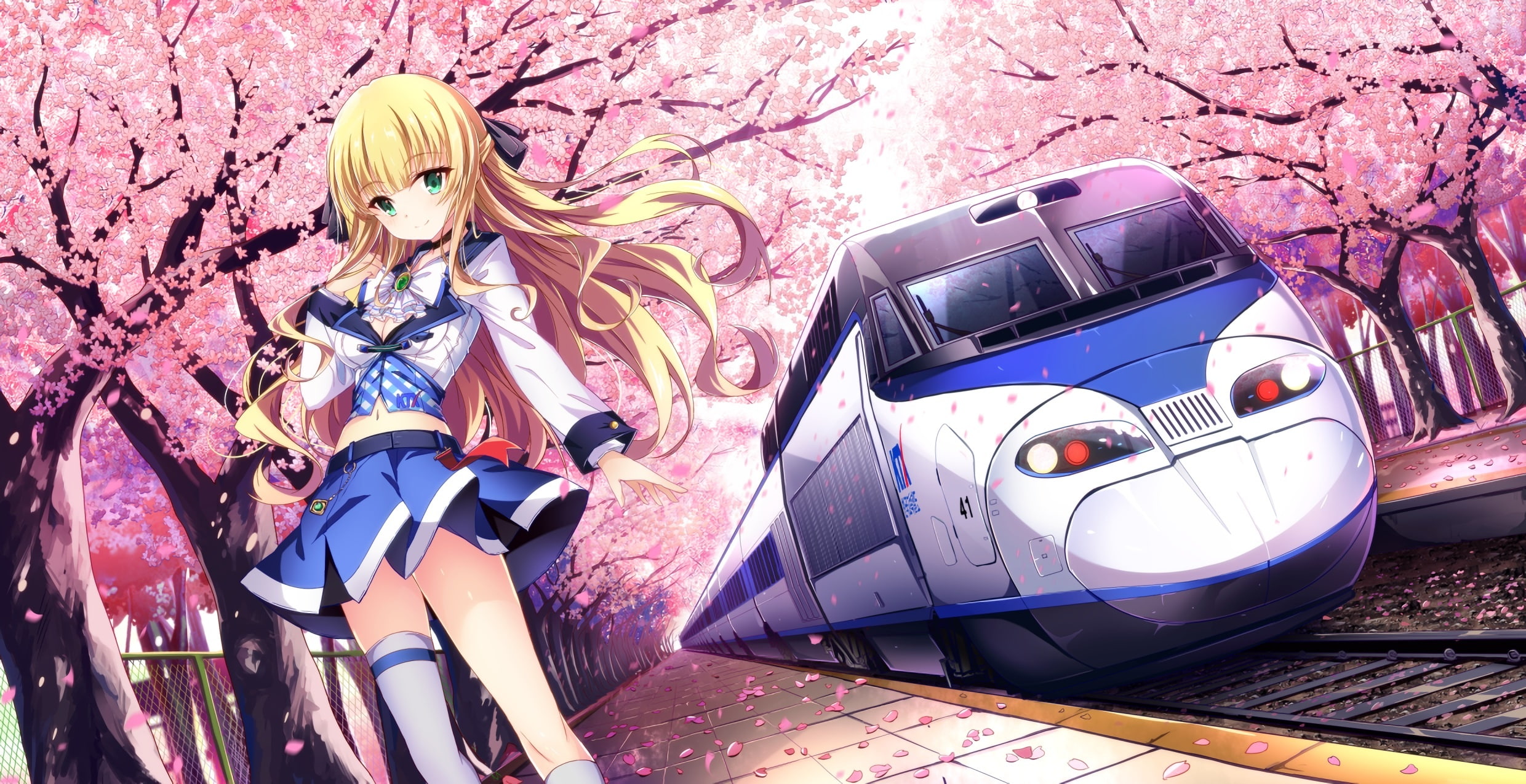navel, green, waifu2x, jianren, long, breasts, eyes, seifuku, 1080P, bow, com, konachan, petals, skirt, train, thighhighs, tree, blonde, 236096, hair, HD Wallpaper