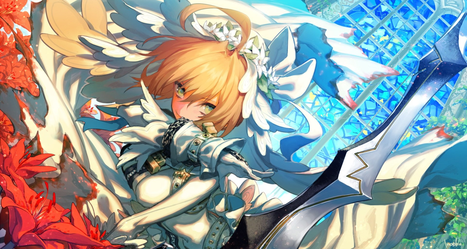 gloves, blonde, skintight, sword, breasts, 1080P, saber, eyes, bodysuit, headdress, (series), fate, inooka, weapon, bride, waifu2x, green, chain, hair, HD Wallpaper