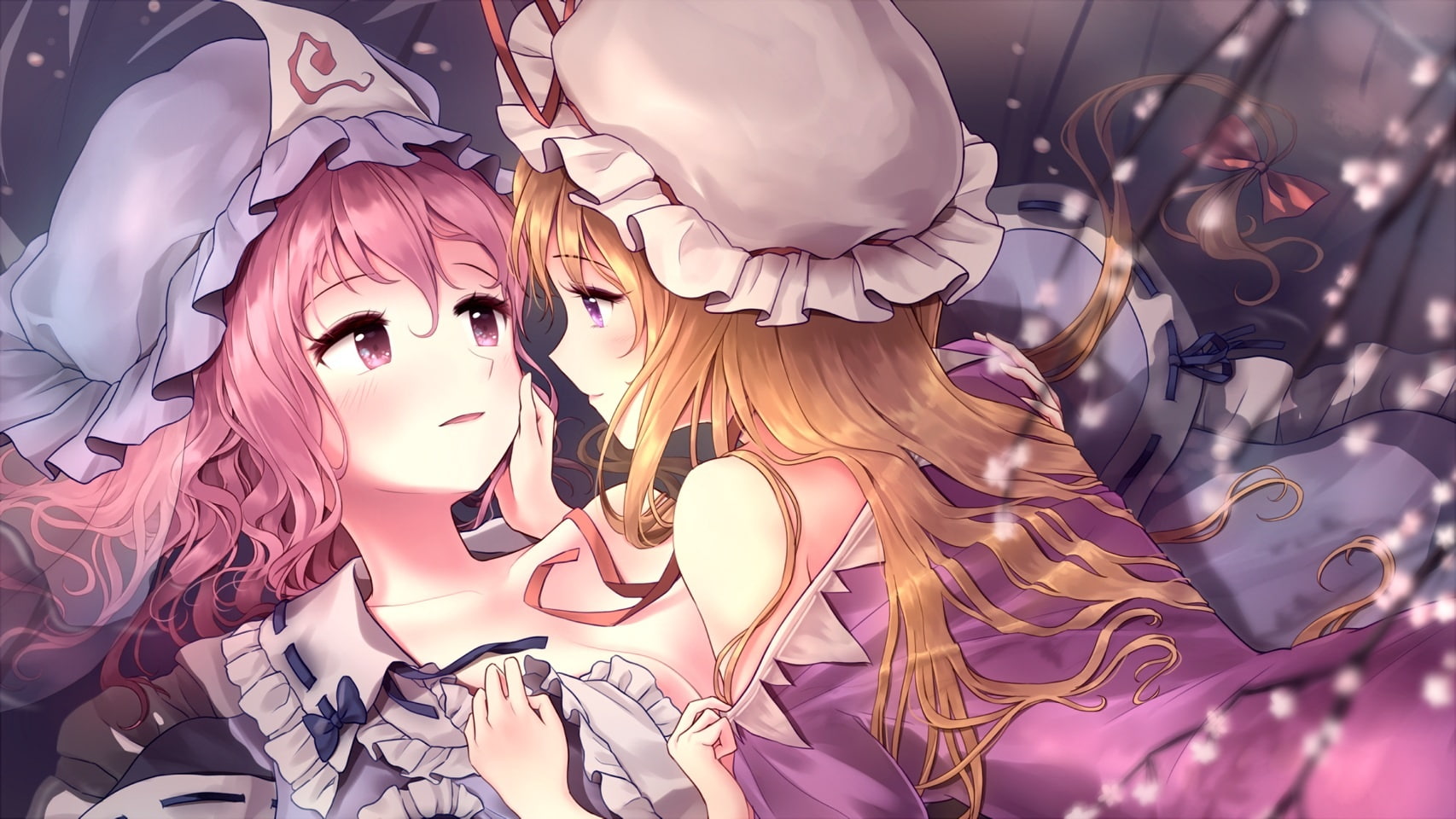 hat, hair, touhou, shoujo, yakumo, 720P, eyes, pink, short, long, yukari, 251571, 2girls, com, minust, cleavage, konachan, purple, blonde, breasts, waifu2x, HD Wallpaper