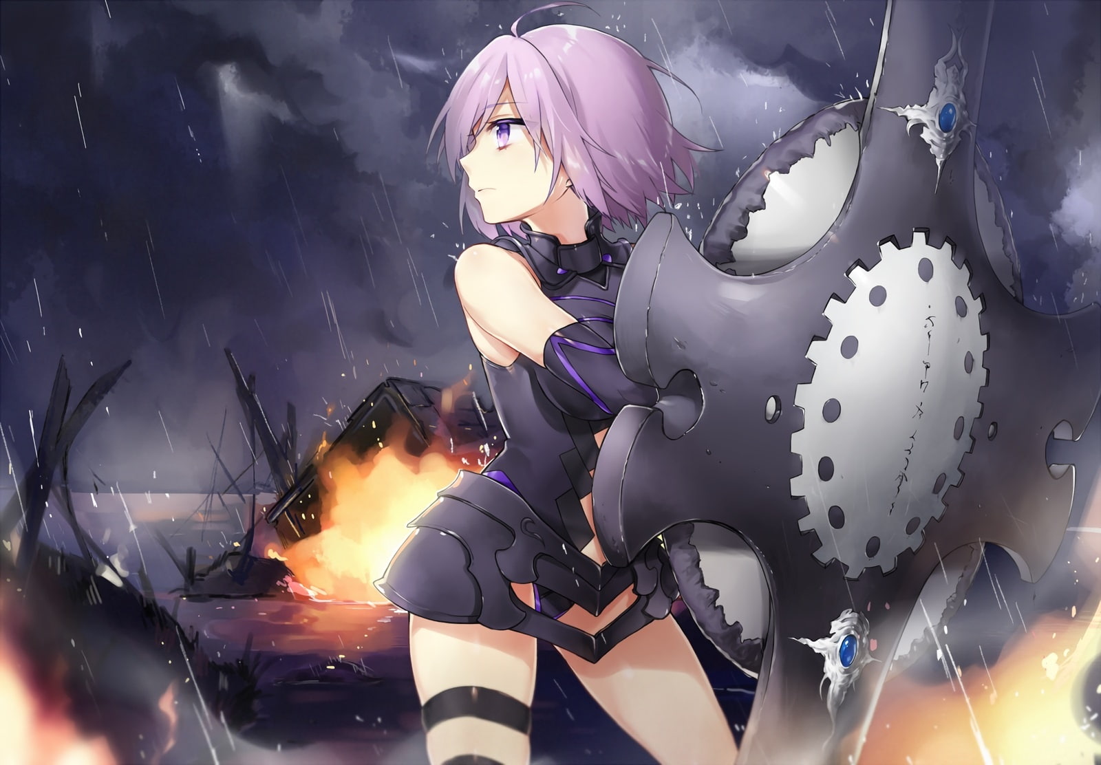 waifu2x, gloves, clouds, shiao, purple, fate, armor, rain, sky, fire, hair, dress, water, konachan, elbow, (series), garter, eyes, order, grand, short, HD Wallpaper
