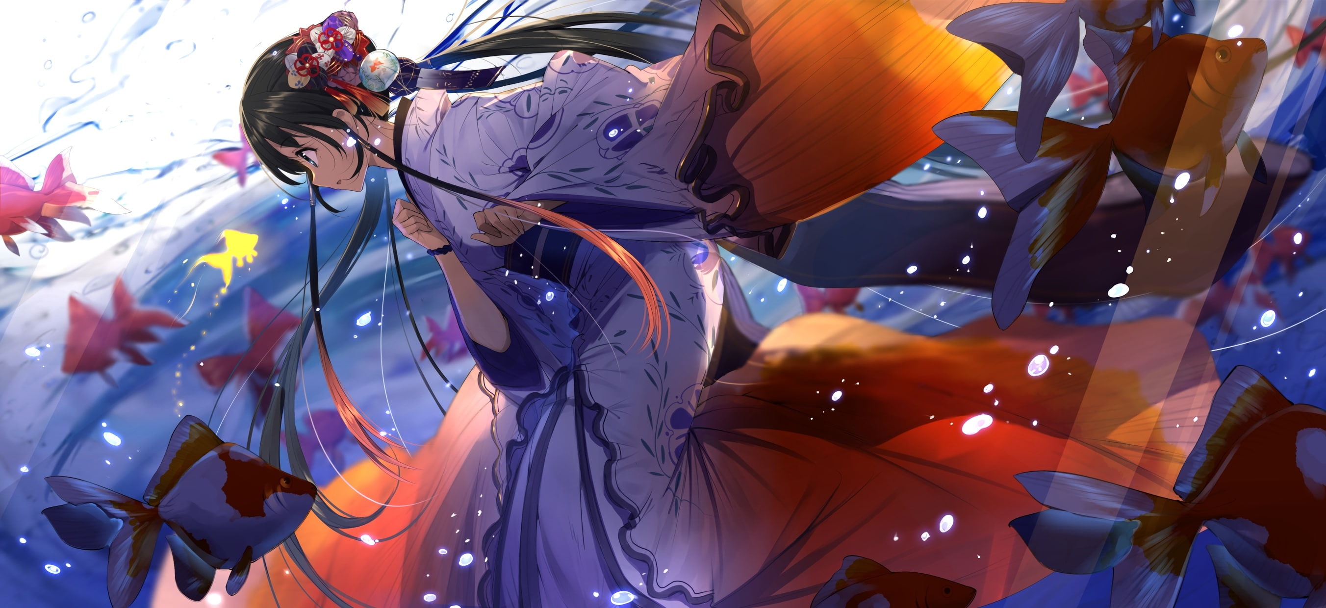 original, fish, animal, waifu2x, ponytail, kimono, touzai, black, japanese, clothes, 251559, konachan, hair, 2K, long, com, headdress, water, phl95), (poppin, HD Wallpaper