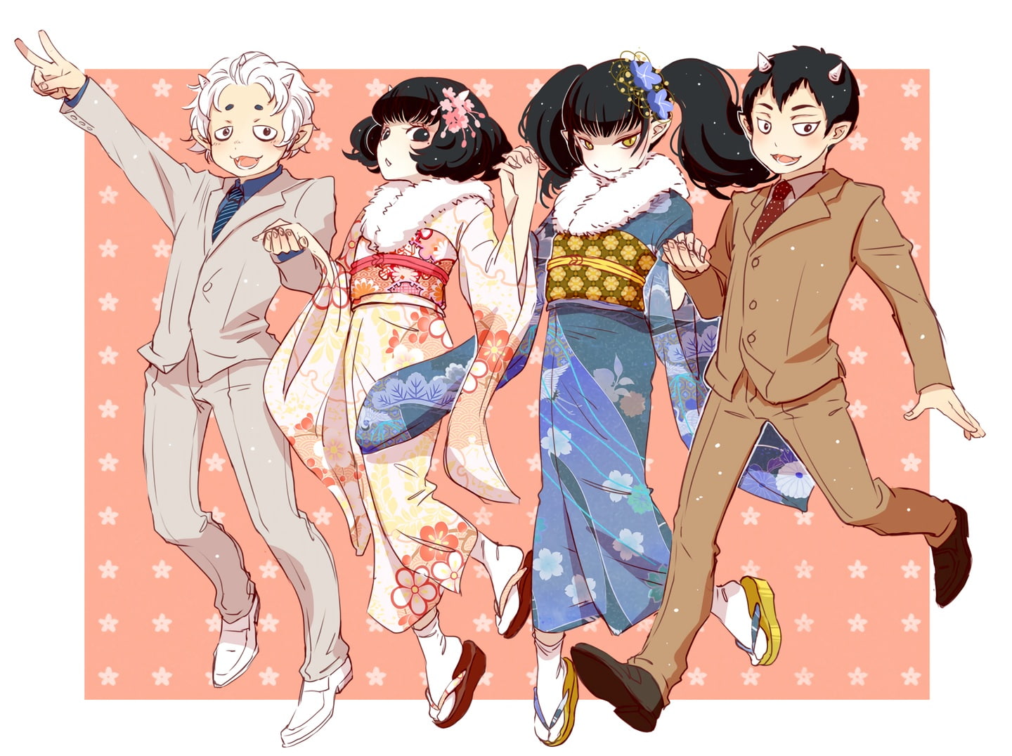 waifu2x, eyes, white, karauri, peach, nasubi, long, com, twintails, black, yellow, maki, tie, horns, male, hair, konachan, demon, group, 720P, kimono, HD Wallpaper