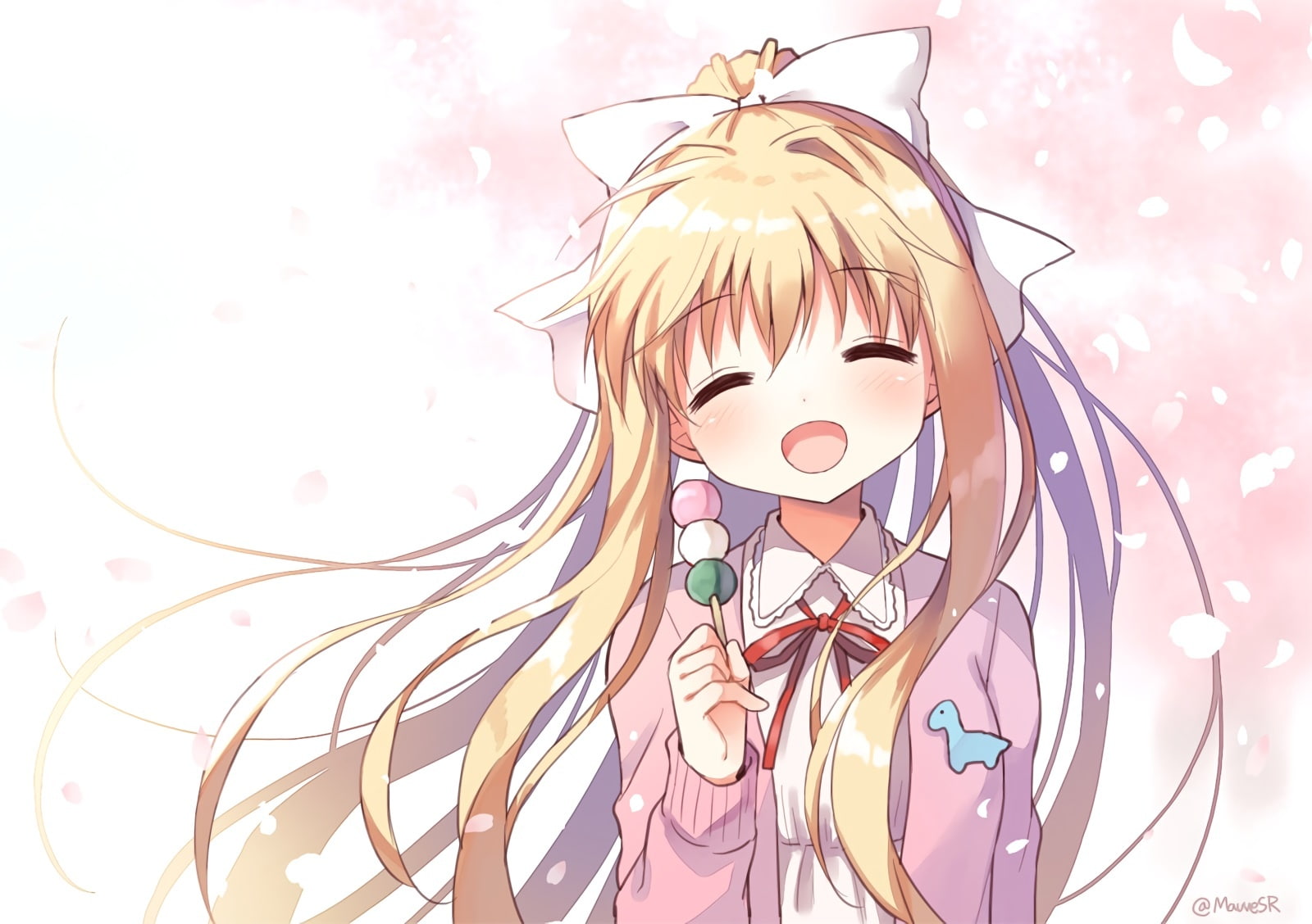 720P, air, 240230, signed, konachan, blush, bow, kamio, waifu2x, hair, blonde, com, misuzu, long, ponytail, ribbons, petals, food, mauve, HD Wallpaper