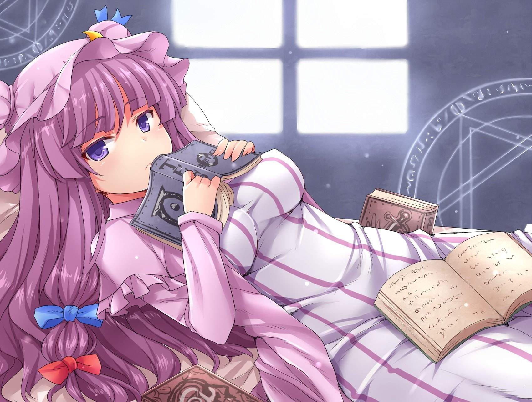 waifu2x, magic, hair, dress, hasuhito, eyes, tenon, the, erect, touhou, purple, hat, book, long, scrolls, 720P, elder, breasts, bow, nipples, crossover, HD Wallpaper
