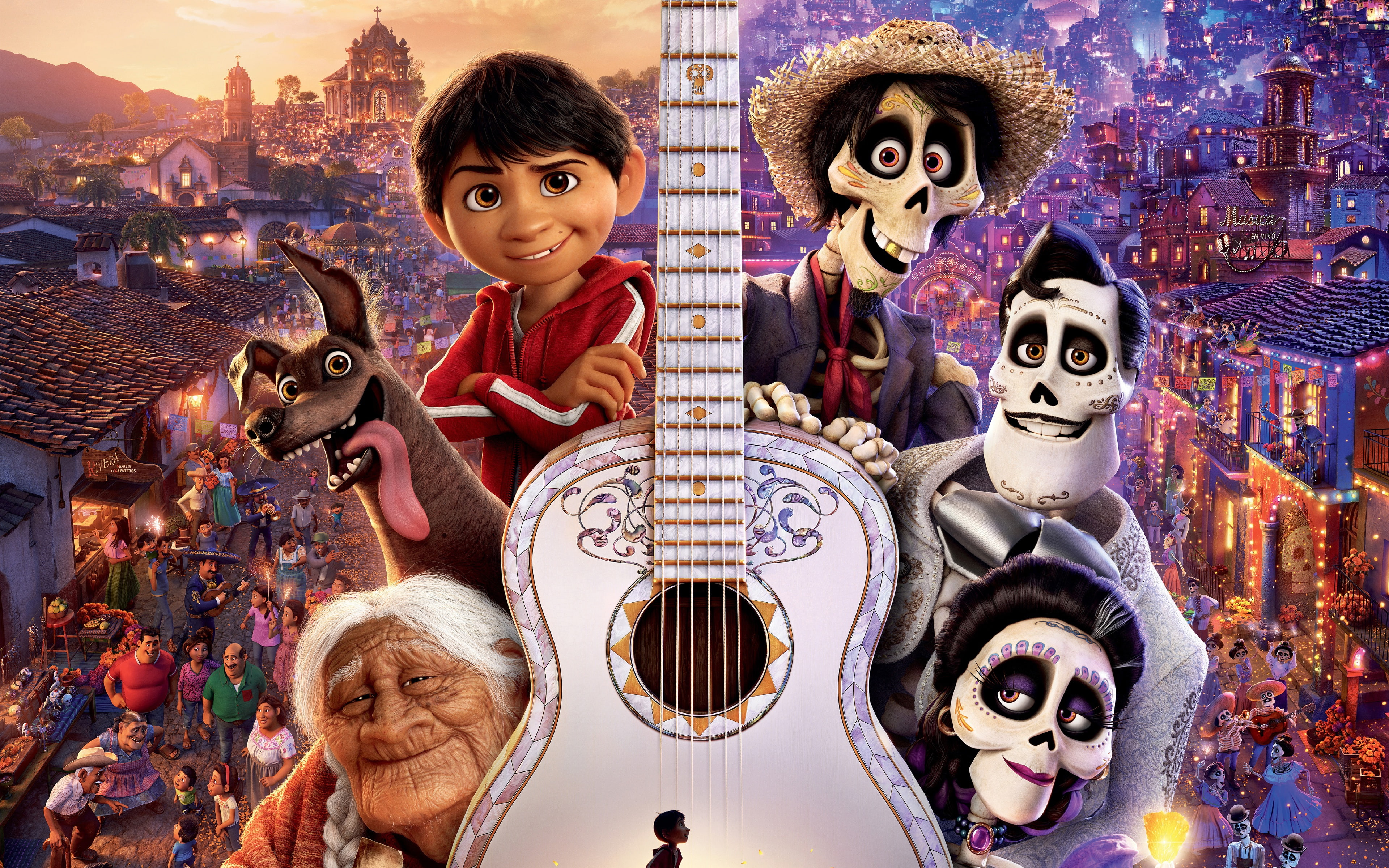 guitar, dog, people, Miguel, Disney, PIXAR, the city, poster, fantasy, cartoon, lights, skeletons, The Mystery Of Coco, 4K, Coco, HD Wallpaper