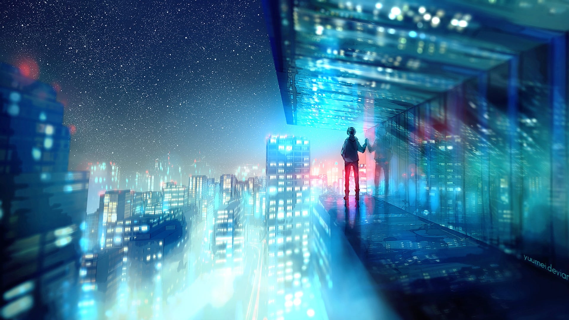travel, 1080P, city, character, building, skyscraper, architecture, adult, cyan, transportation, fantasy art, one person, modern, digital, city lights, HD Wallpaper