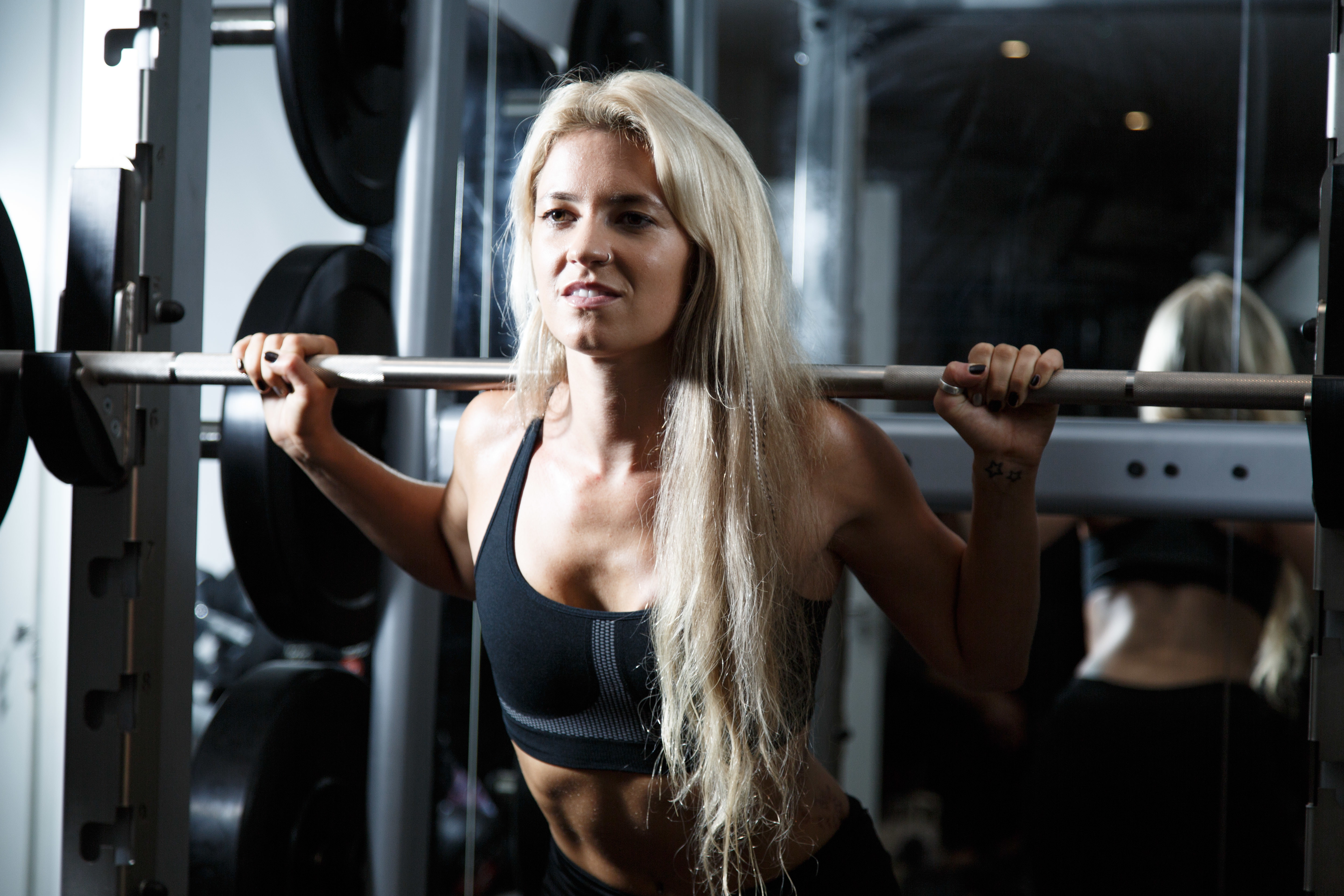 woman, blonde, weight lifting, 5K, weight bar, fitness, HD Wallpaper