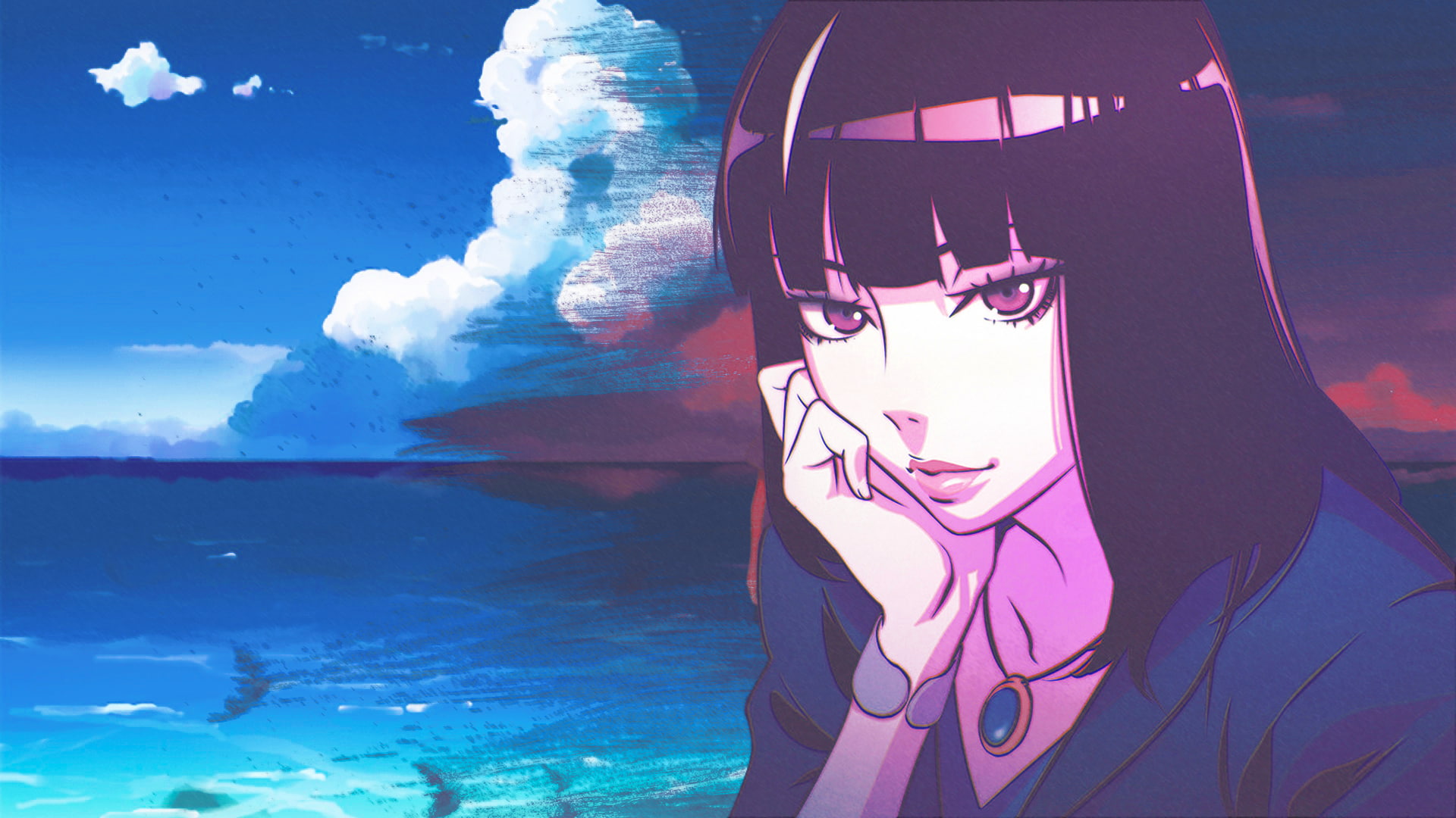 red eyes, beach, 1080P, rear view, Death Parade, anime girls, Pacific Ocean, HD Wallpaper