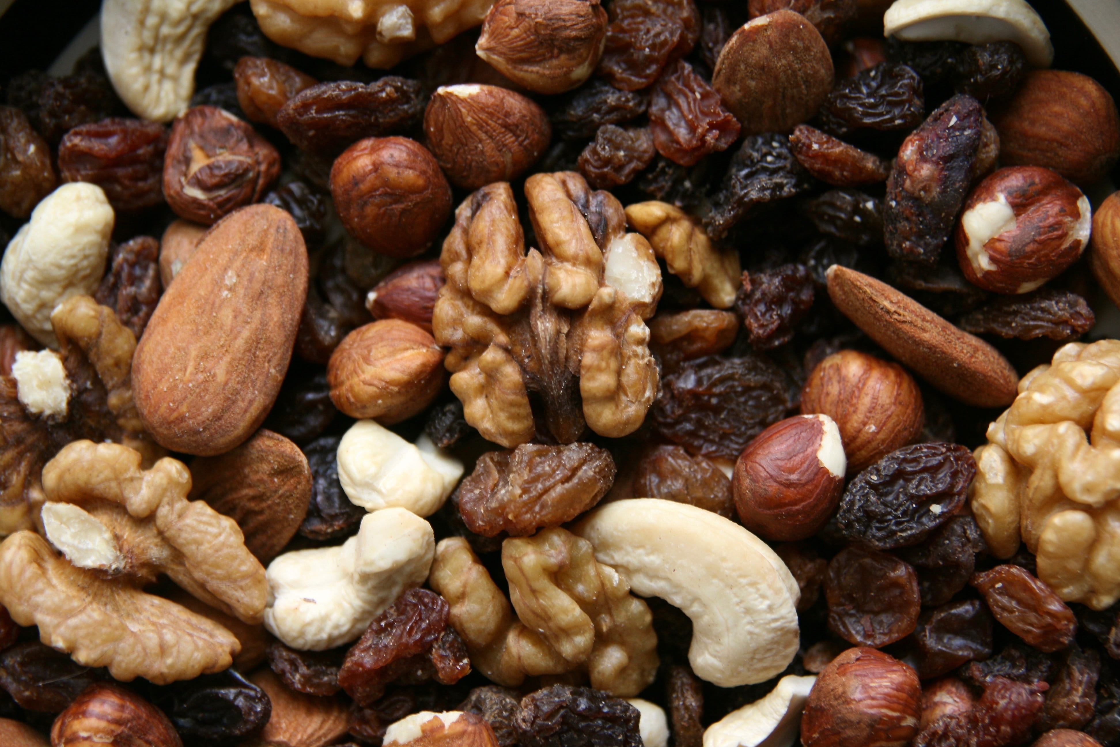 brown, freshness, dried food, nut, fruit, cashew, still life, close-up, no people, walnuts, full frame, raisins, backgrounds, 4K, food, hazelnuts, trail mix, HD Wallpaper