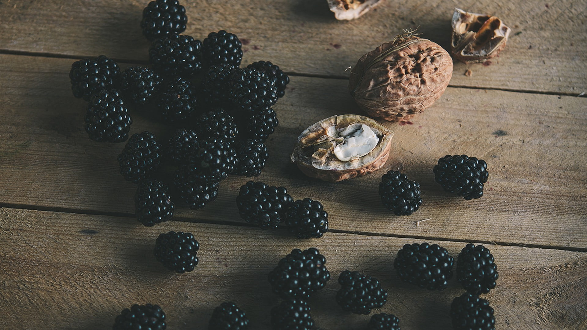wellbeing, blackberry - fruit, no people, table, still life, freshness, berry fruit, wood - material, high angle view, french food, walnuts, black color, HD Wallpaper