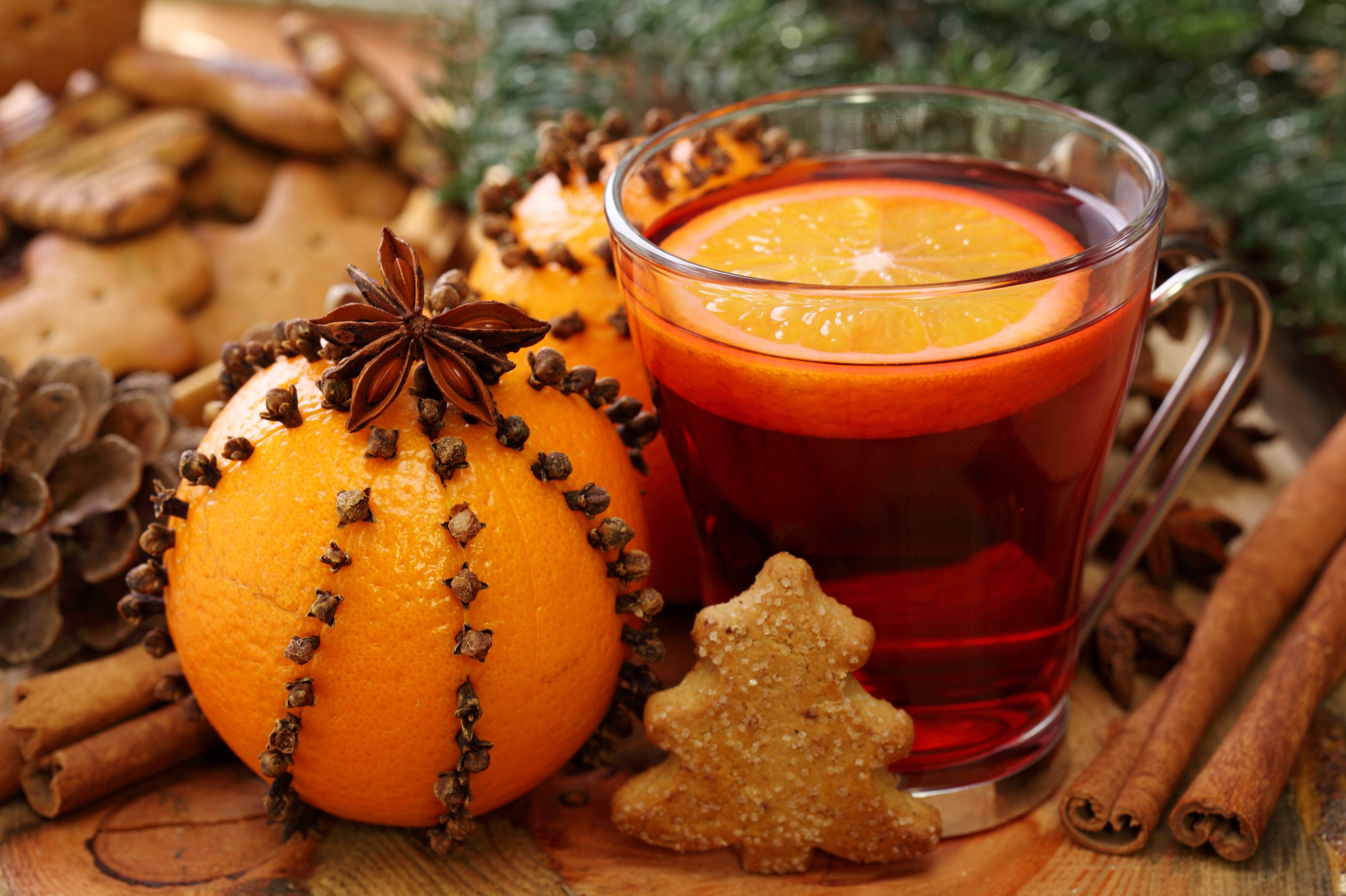food, holidays, New Year, drink, Anis, mulled wine, sweet food, wellbeing, star anise, cinnamon, healthy eating, Christmas, glass, orange color, 4K, cookies, HD Wallpaper