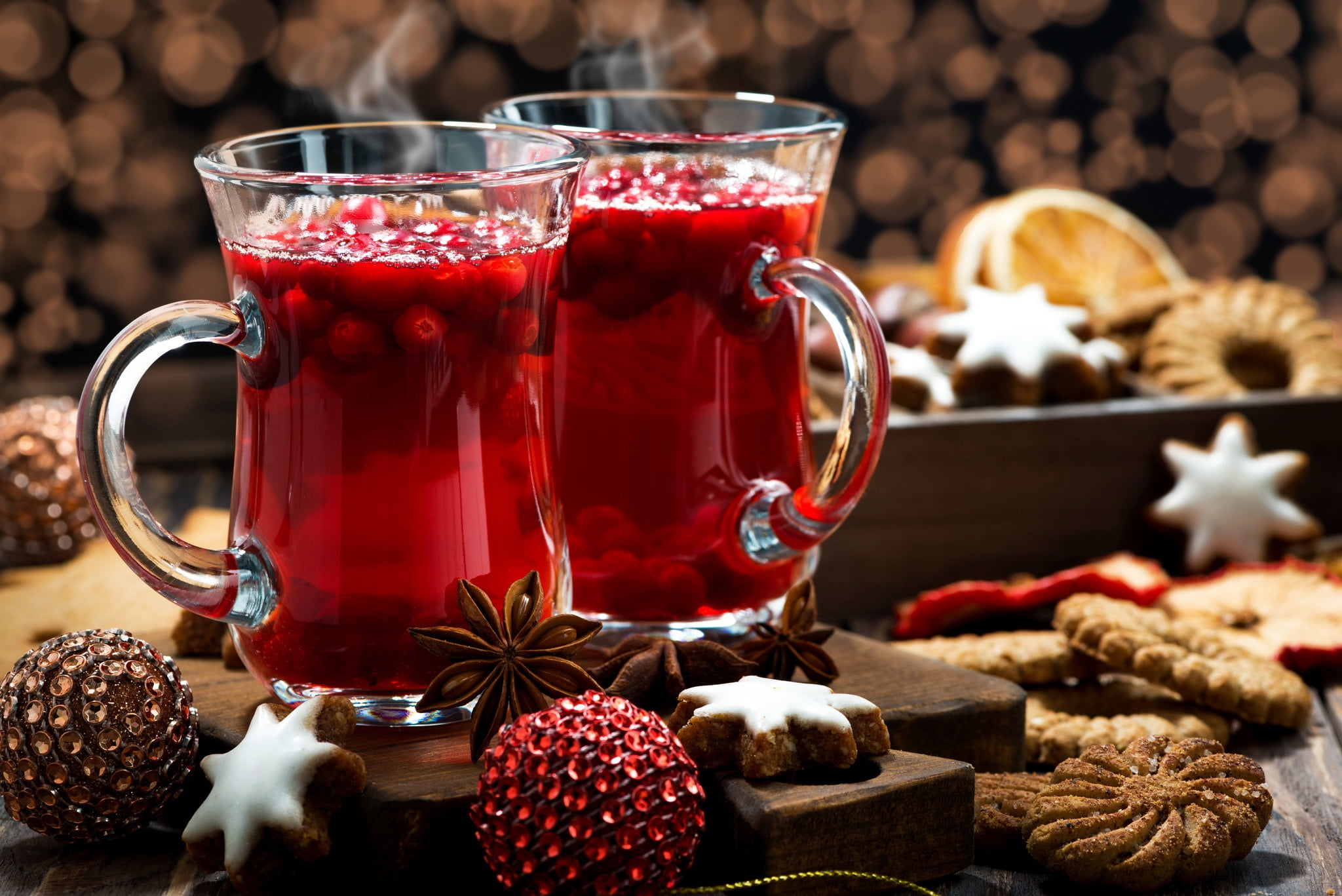 fruit, 1080P, cranberry, still life, food and drink, glass, cookies, table, refreshment, focus on foreground, spice, cup, star anise, indoors, New year, HD Wallpaper