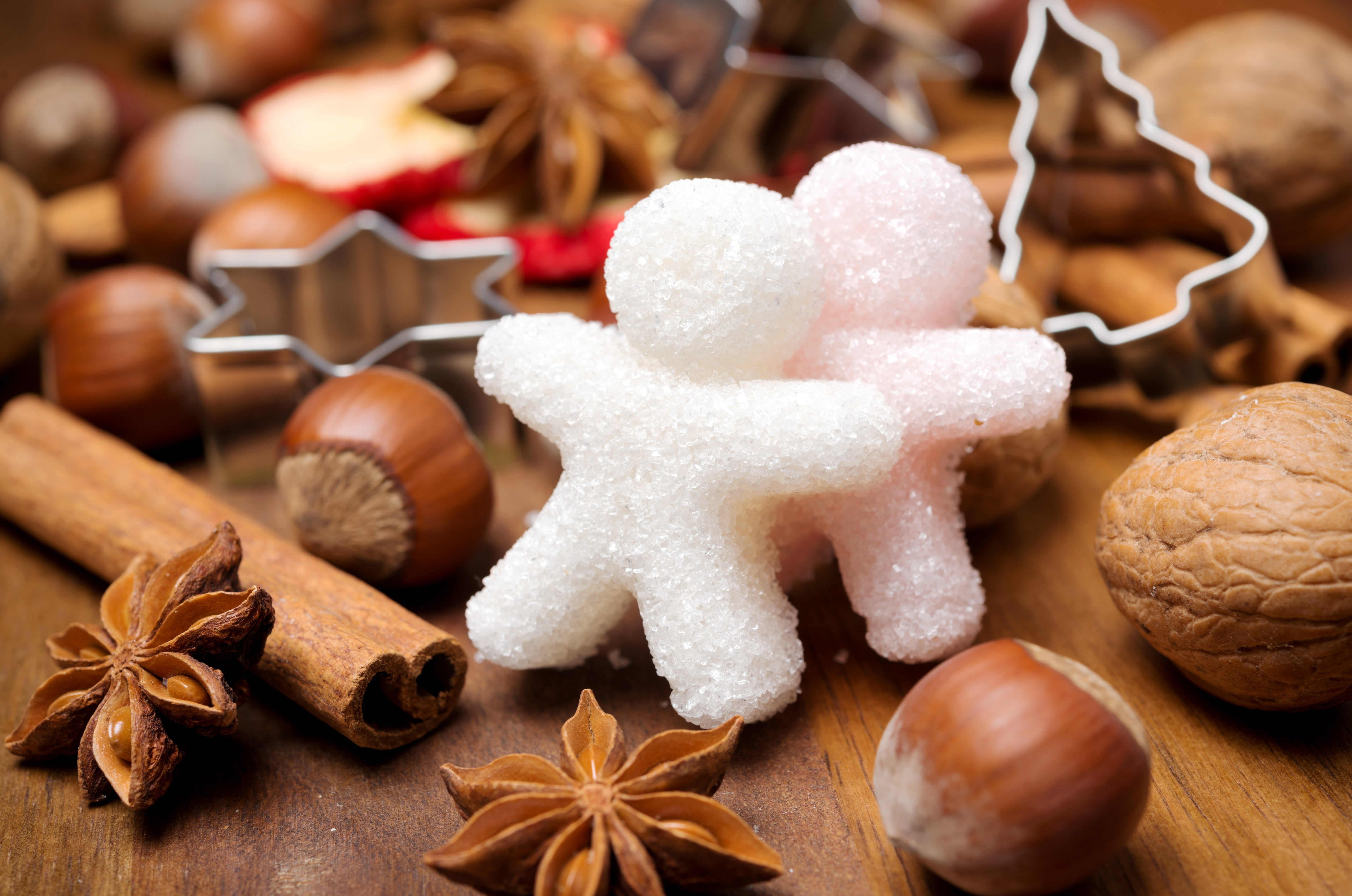 sugar, celebration, holidays, 5K, figures, spices, nuts, food, cinnamon, star anise, table, anise, candy, still life, food and drink, New Year, close-up, HD Wallpaper